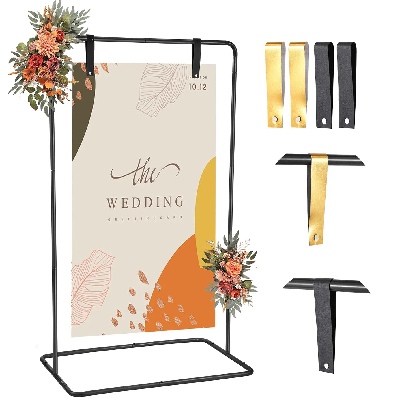 Wedding Welcome Sign Stand, 68”x31”x 20” Heavy Duty Easel Stand for Sign with 4 Leather Strap, Welcome to Our Wedding Sign Holder, Metal Floor Standing Easels for Valentines Day, Signs, Poster, Black