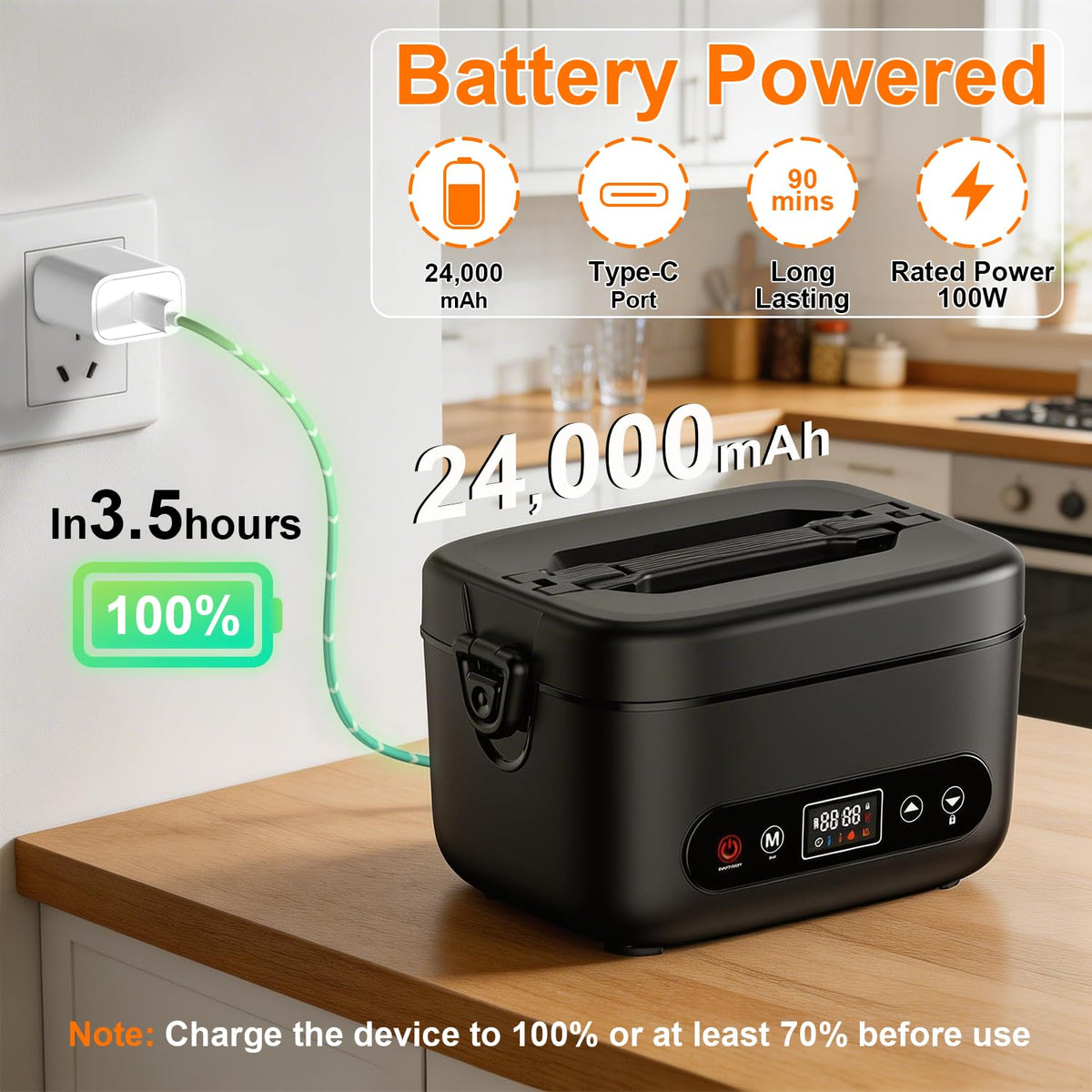 Cosy Life Cordless Electric Lunch Box with 24000mAh Long-Lasting Battery, 1.2L 304 Stainless Steel Food Warmer & Insulated Bag for Hot Meals at Office, on Travel & Outdoors
