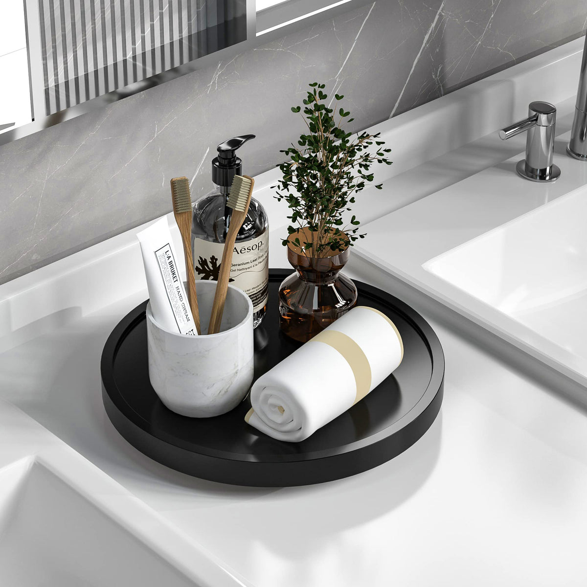 VeyFey Turntable Vanity Tray 10 Inch for Perfume Candle, Bamboo Kitchen Sink Countertop Organizer Keep Glass, Sponge and Soap Bathroom Coffee Table Decorative Black (VFLZ)