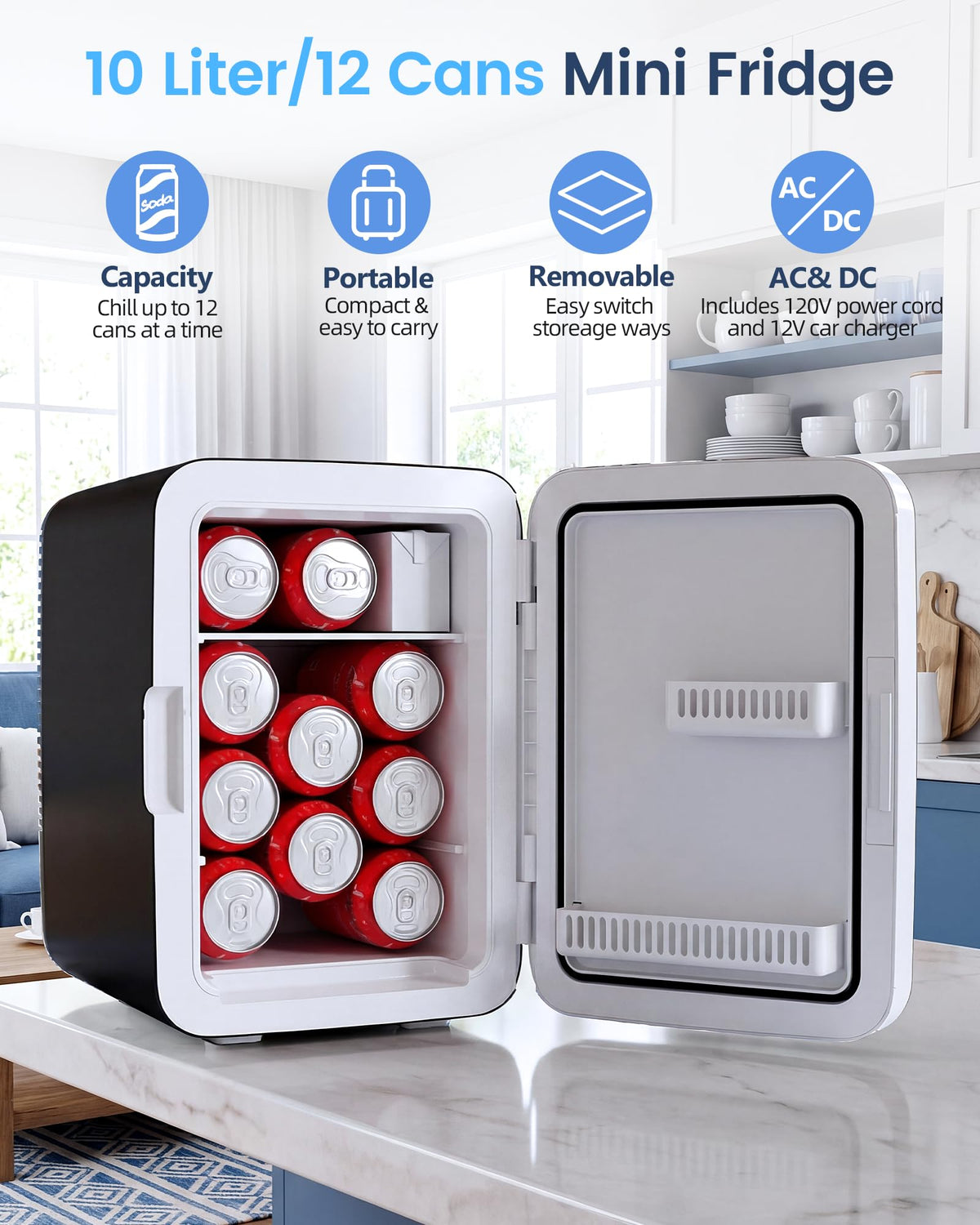 Electactic 10L Compact Mini Fridge, Portable Small Refrigerator, Small Cosmetics Cooler, 2.6 Gal Mini Fridge with AC/DC Adapters for Beverage, Food, Makeup, Bedroom, Office, Dorm, Classic Black