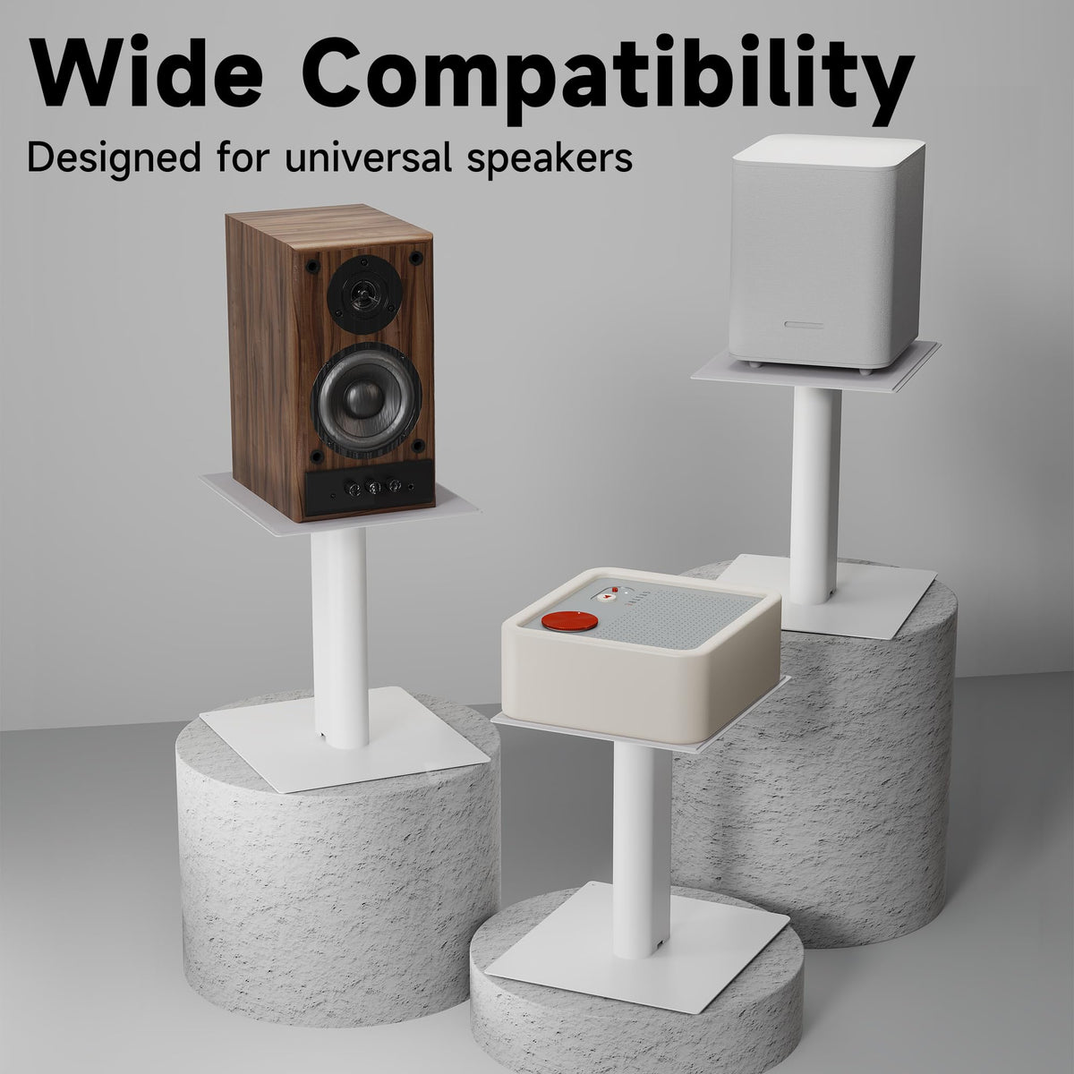 Suptek 9.4 x 8.2" Desktop Speaker Stands – Pair for Bookshelf & Desktop Speakers – 10" Height – Sturdy Base for Studio Monitors, PC, Gaming & Home Audio, White, SDM003LW