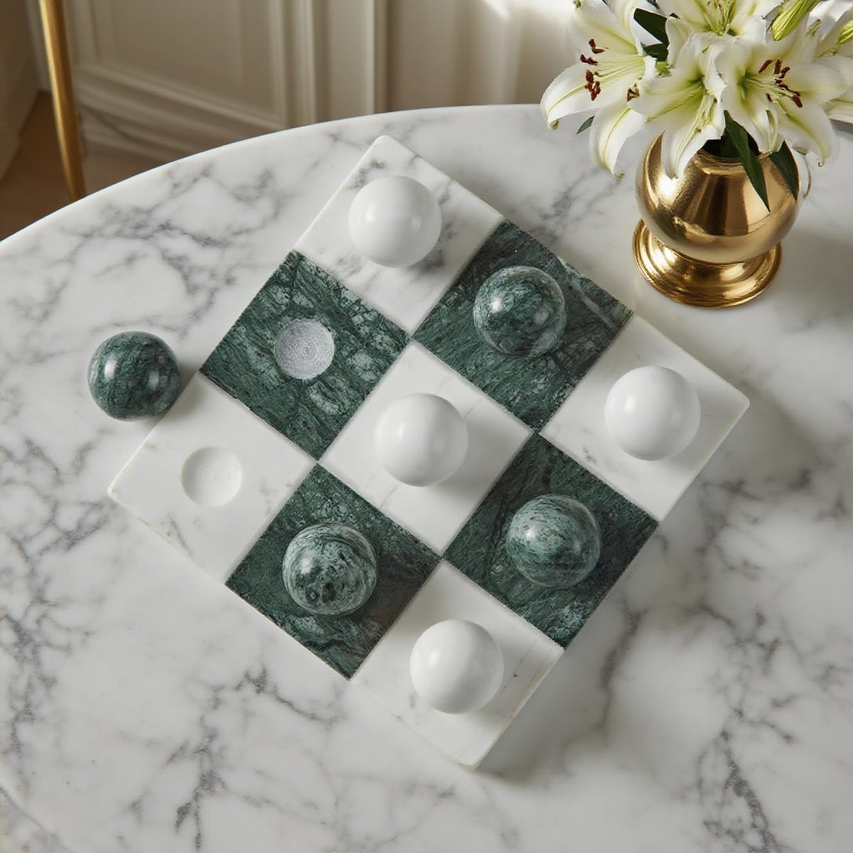Green Marble Tic Tac Toe Board, Fresh Elegant Checkerboard, 7x7 Inch Premium Handcrafted Marble Tic Tac Toe Board, Modern Room Decor for Living Room, Office, Coffee Table