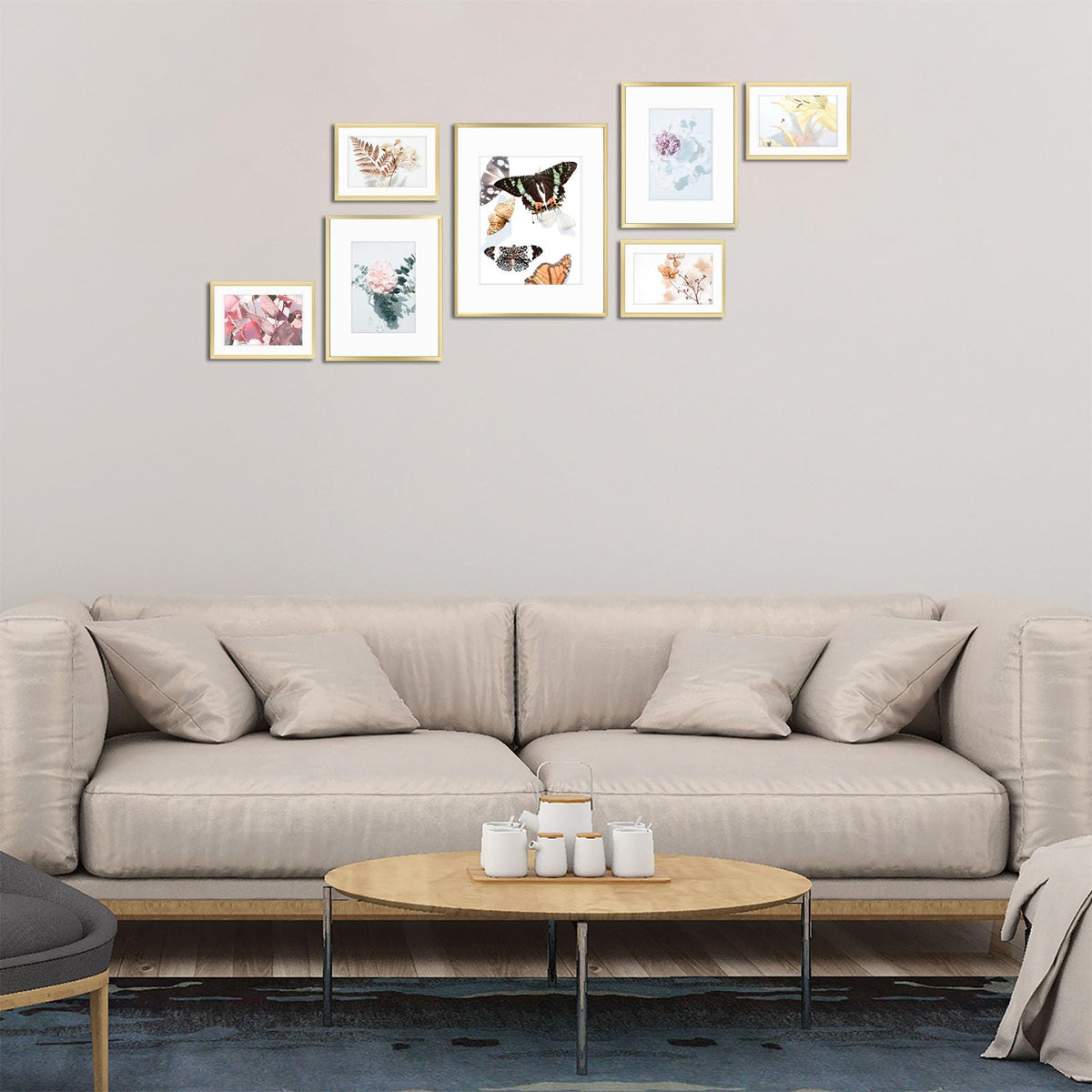Golden State Art, Aluminum Gallery Wall Frame Set of 7 - Includes One 11x14, Two 8x10, and Four 5x7 - Metal Frames with Mat & Real Glass Cover for Elegant Home or Office Decor (Style 2, Gold)