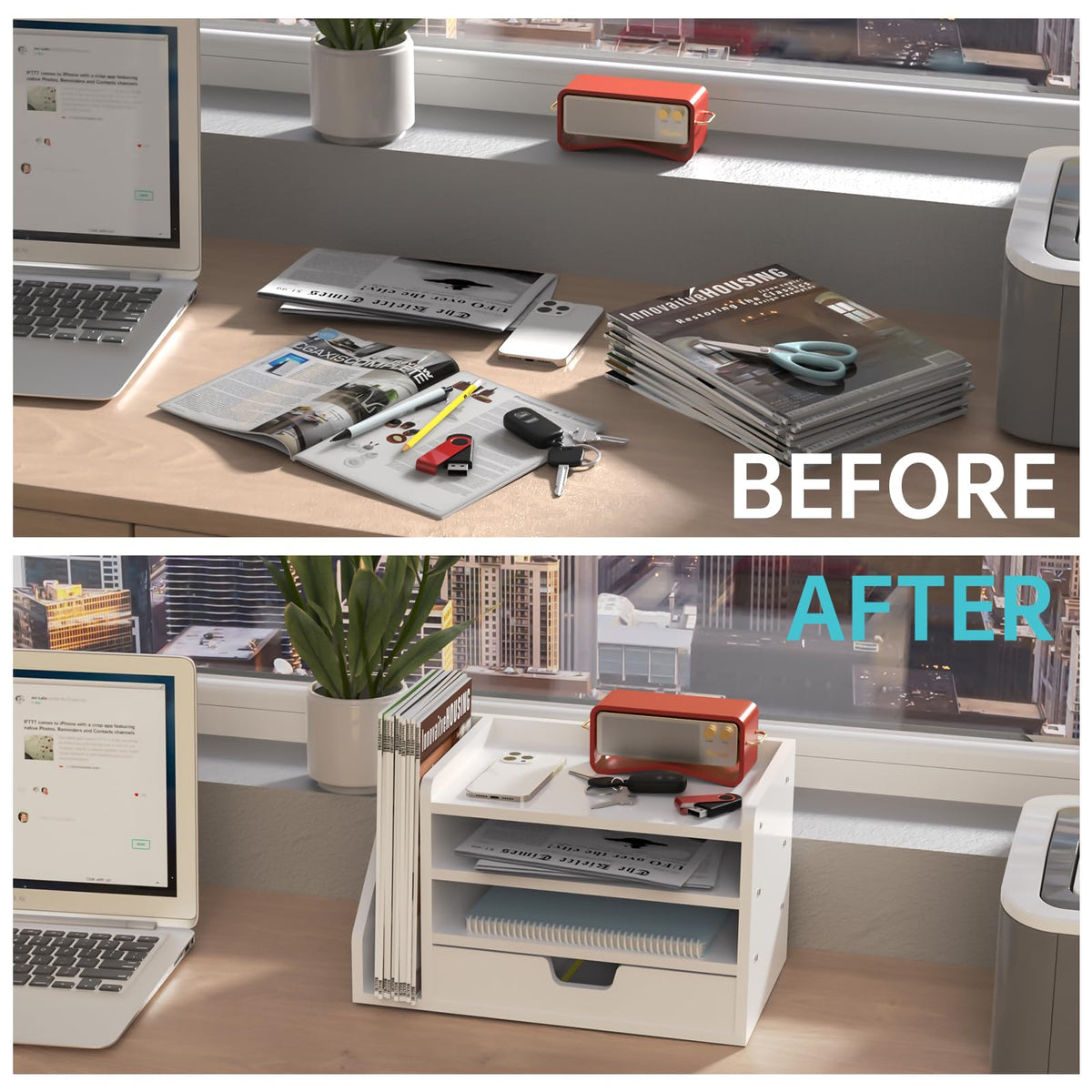 NiOffice Multi-Tier Wood Desk File Organizer with Side File Rack, 3 Tray Shelves & Adjustable Drawer - Space-Efficient Design Easy to Assemble for Efficient Office Setup, Reduces Desk Clutter (White)