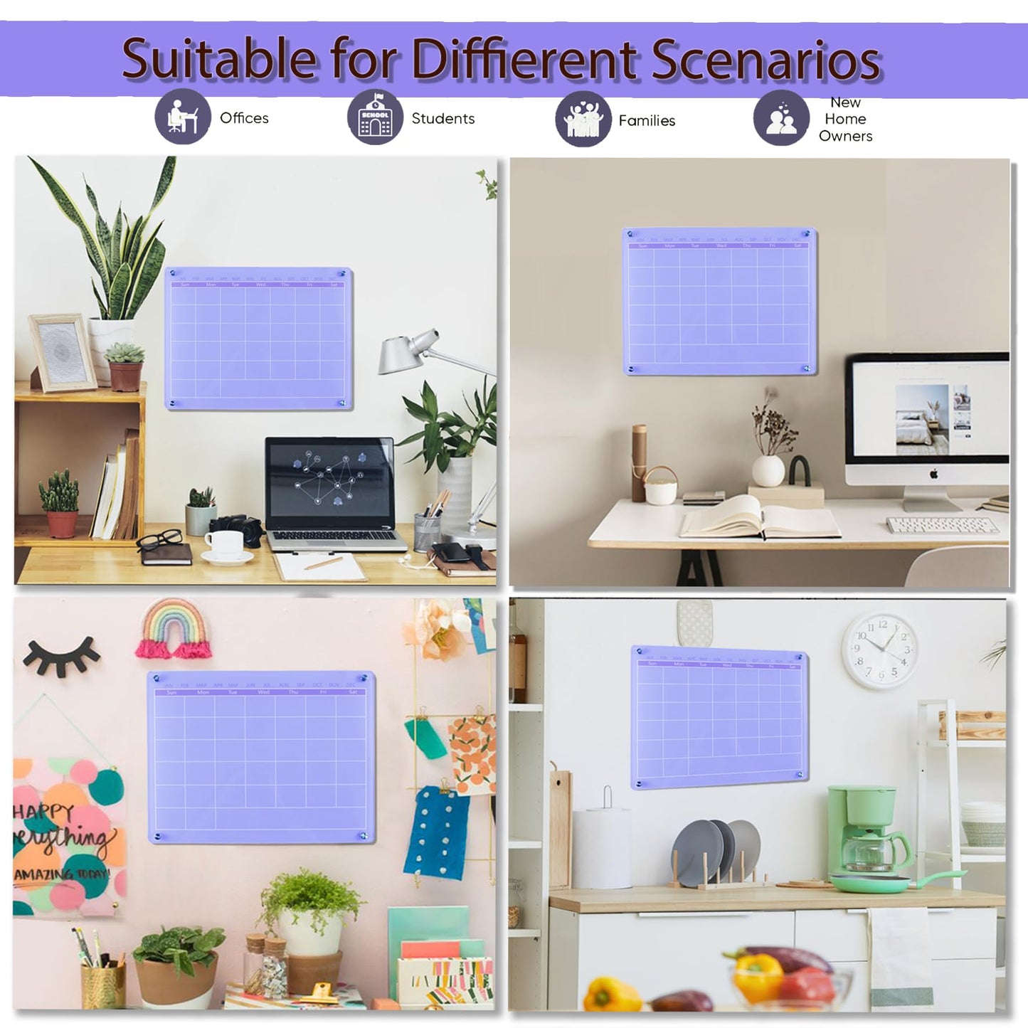 Marribol Acrylic Calendar for Wall,15.7''x11.8'',Acrylic Wall Calendar with Dry Erase Surface,Acrylic Monthly Calendar for Wall,Purple Dry Erase Board for Home Office School-PGYL-Pu-3040