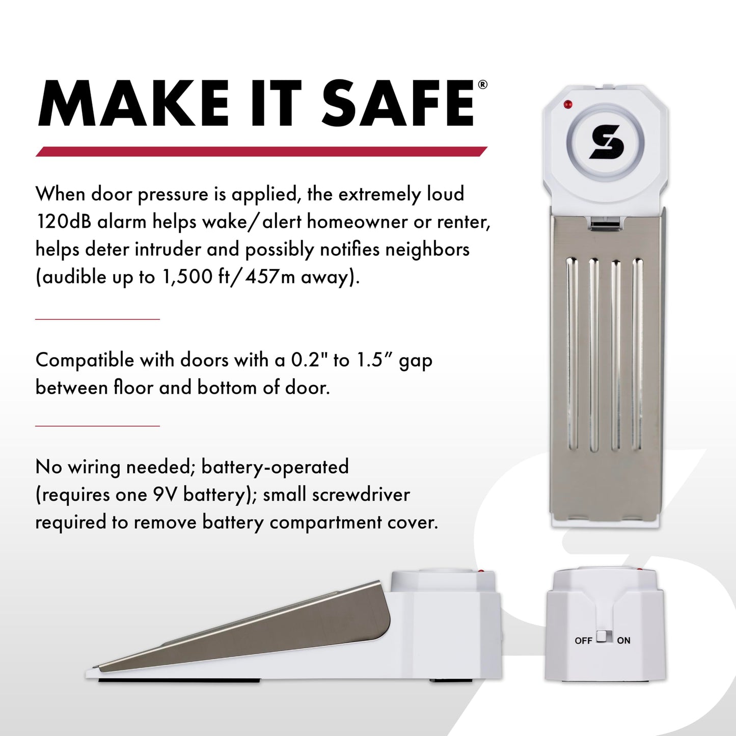 SABRE 120 dB Wedge Door Stop Security Alarm, Extremely Loud Wireless Alarm Siren Audible Up To 1,500 Ft., Non-Skid Pad, Compact Alarm Great for Home, Travel, Apartment or Dorm