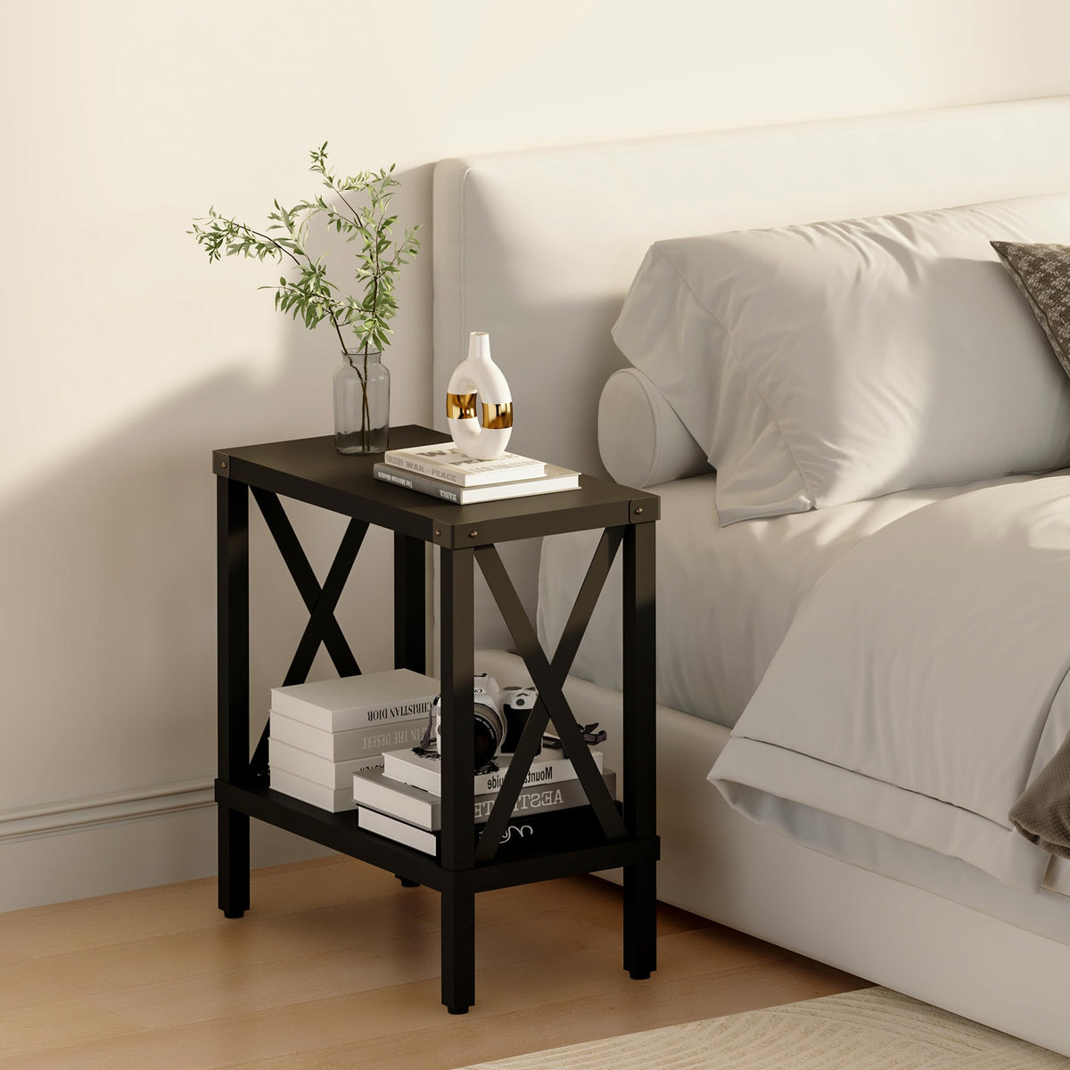 MMEOLUOOK Narrow End Table, Large Sofa Side Table, Farmhouse Nightstand with Storage Shelve, Slim Bedside Table for Living, Room Bedroom, Lounge Black MLBZ17B