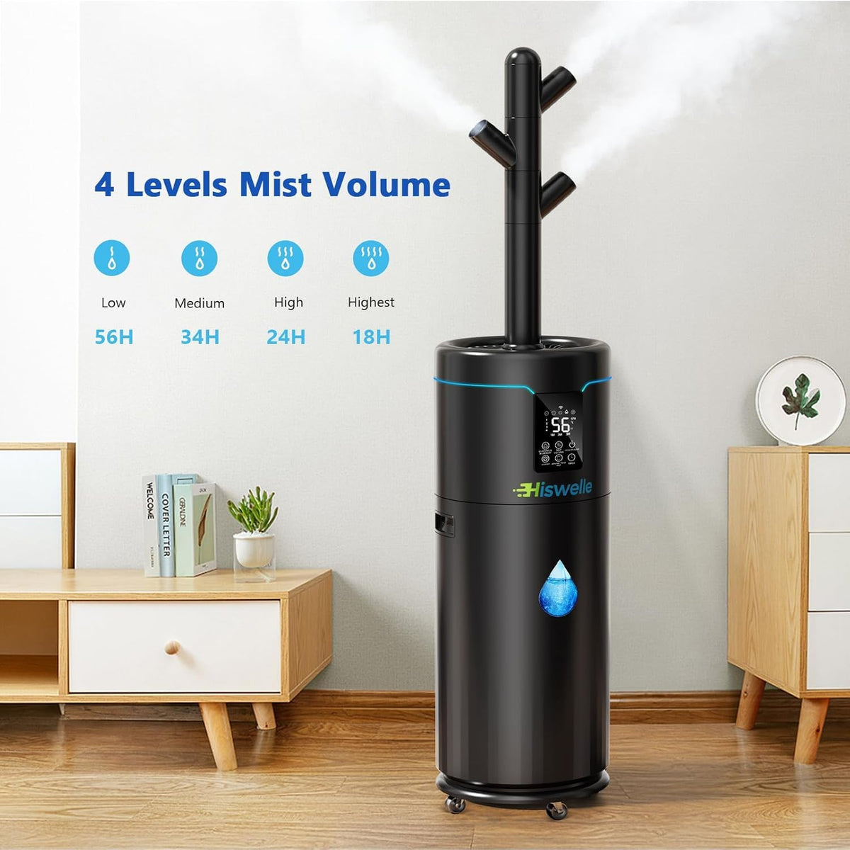 Hiswelle Large Humidifiers for Bedroom, 4.5 Gal Cool Mist Humidifier for Large Room Whole House with Remote Control, 800mL/h Output, 48H Runtime, Auto Humidistat, Wheels, Timer, Essential Oil Tray