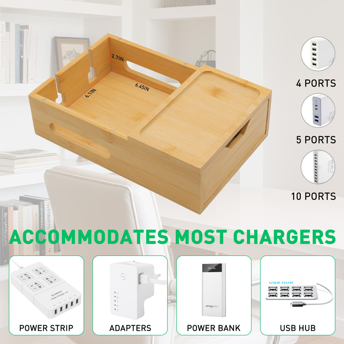 Bamboo Charging Station for Multiple Devices, Desk Charging Organizer with Drawer & Tray, Wood Docking Station for Multi Devices, Cell Phone, Tablet (Included 6 Cables, 5 Port USB Charger)