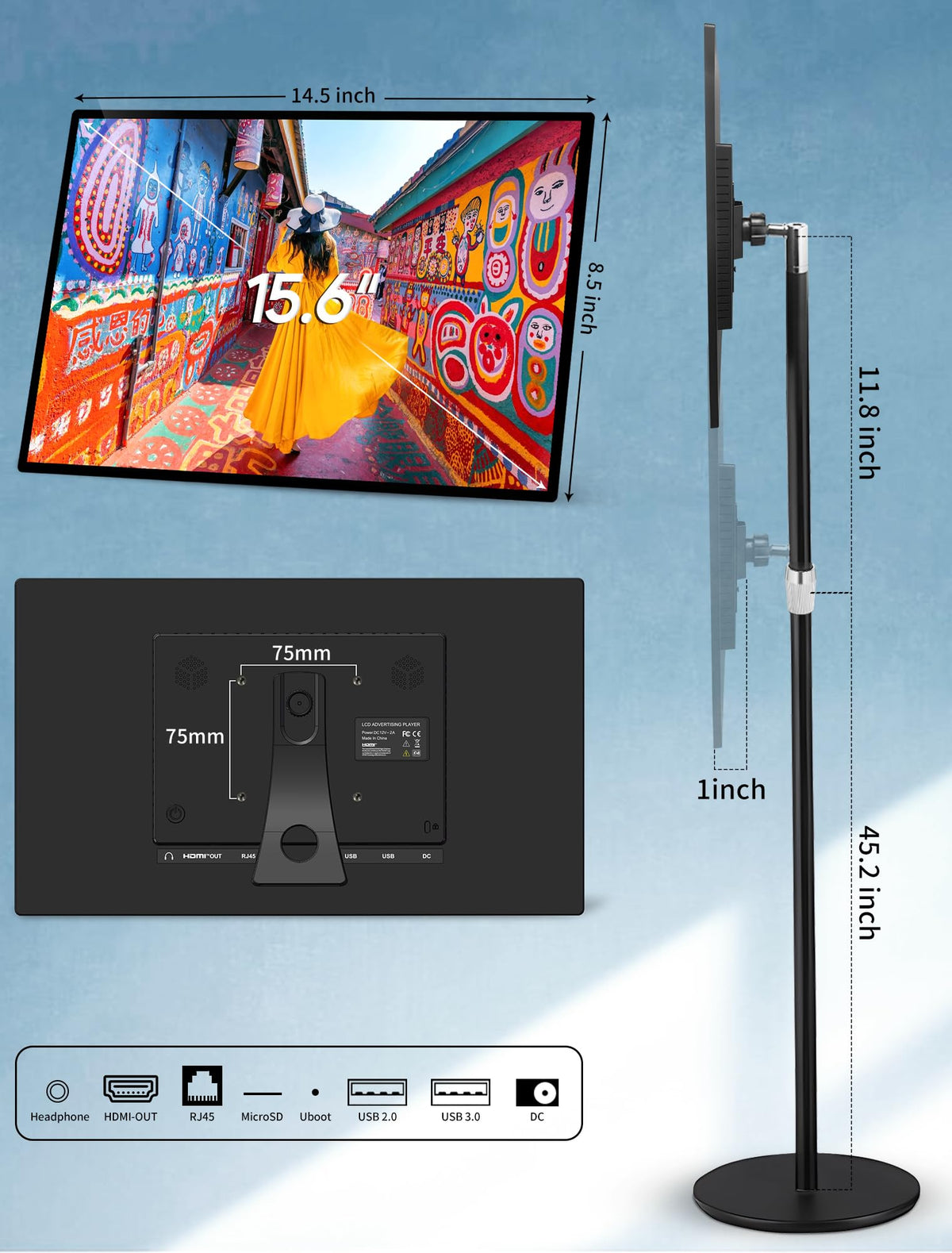 PWR4GTR 15.6" Digital Signage Capacitive Touchscreen Advertising Display with Adjustable Stand, 10000mAh Battery, Android 13 Commercial LCD Monitor with Auto Play, Wireless Screen Mirroring, 4+64GB