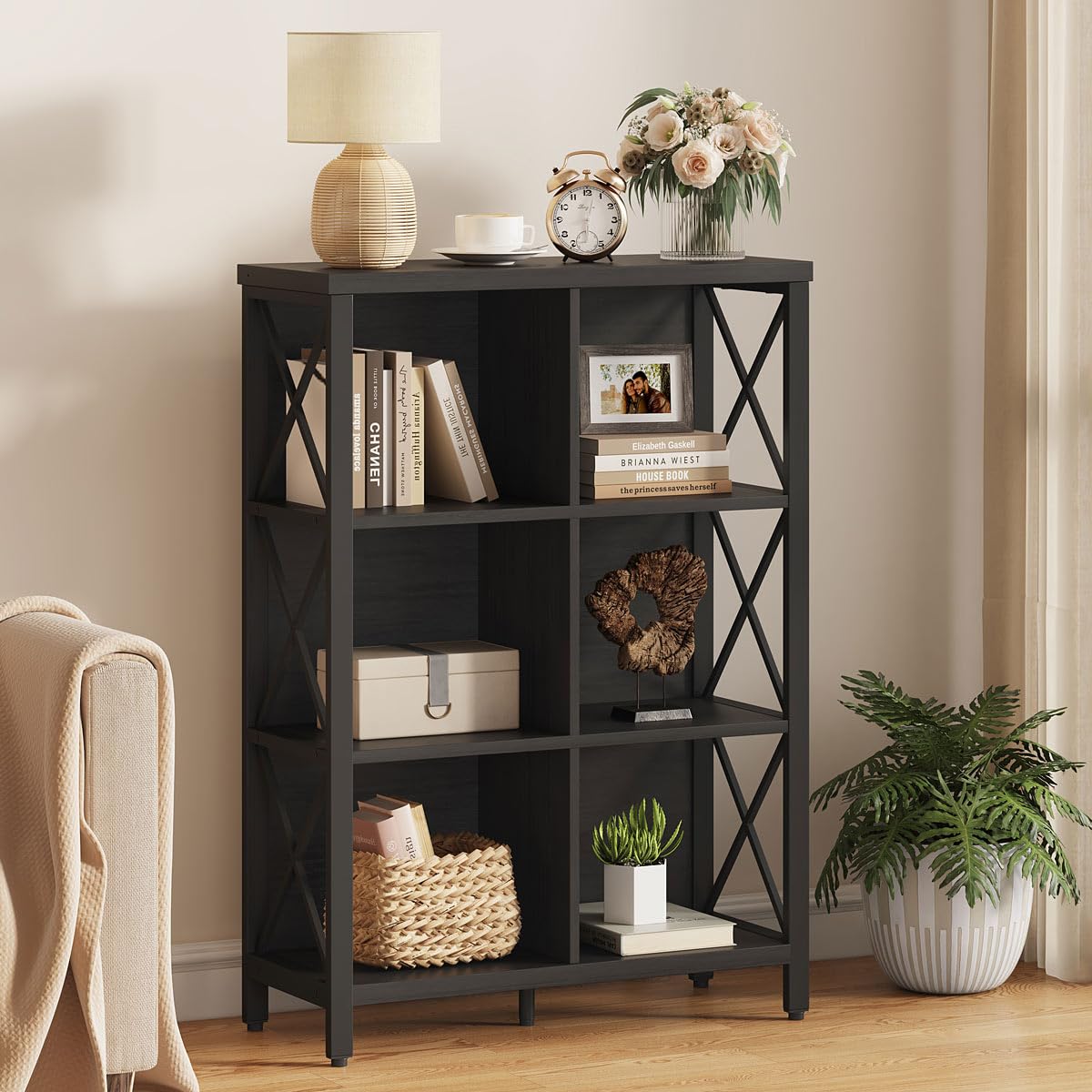 FATORRI 6 Cube Storage Organizer with Storage, Modern 4-Tier Bookshelf with X-Shaped Metal Frame, Black Wood Bookcase for Living Room, Home Office, Bedroom, Easy Assembly