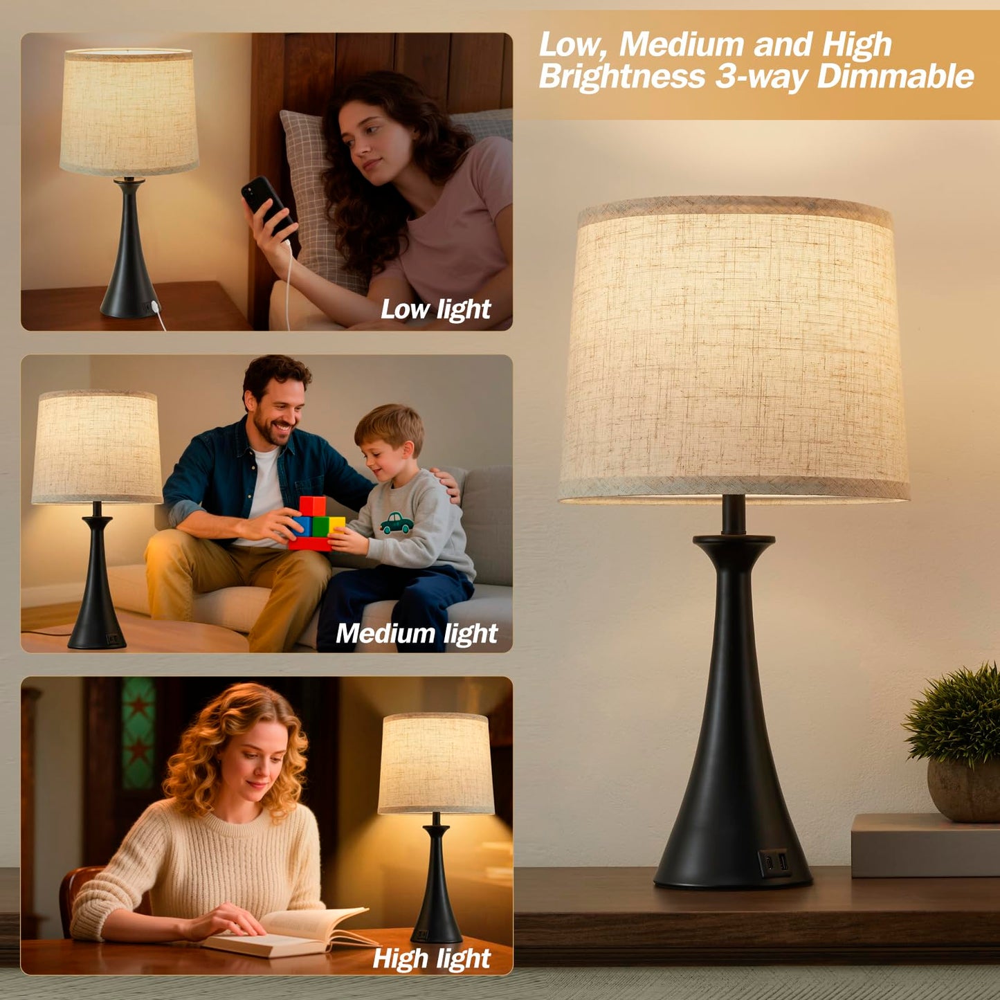 Hikczc Touch Lamp for Living Room Bedroom, 21" Table Lamps Set of 2 with USB C+A Ports, Touch Bedside Lamps for Nightstand with 3 Way Dimmable, 2 LED Bulbs Included, Black