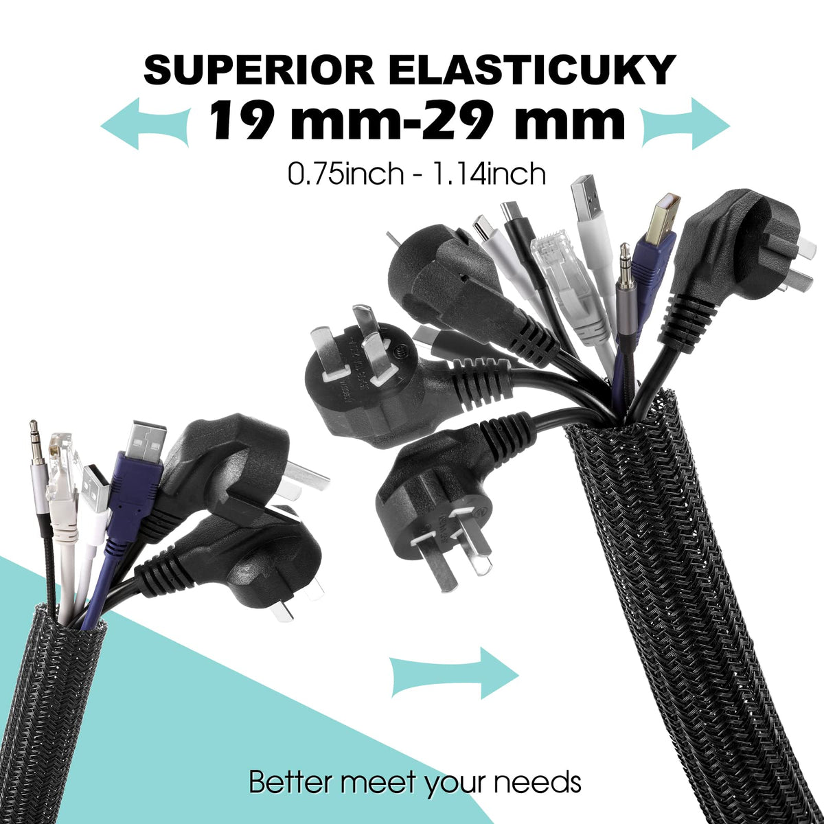 AGPTEK Cable Sleeve, 2 Pack 5ft - 1.2 Inch Cable Management, Desk Cord Cover Organizer Wire Hider for Home Office Computer TV Wire Loom Tubing, Pet Proof Cord Protector from Cat Dog Chewing, Black