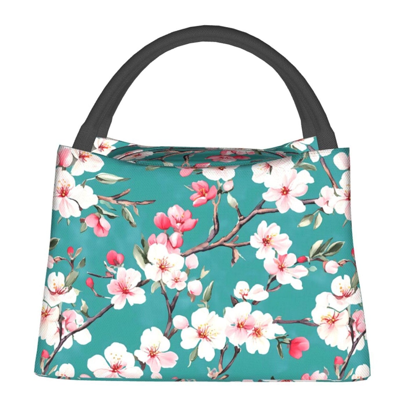 ainori Cherry Blossom Insulated Lunch Box for Girls Women,Reusable Tote Bag with Elegant Flower Branch in Teal,Portable Lunchbox Handbag,Makeup Bags Organizer Gifts for Work Office Travel,11x6.3x6.7in