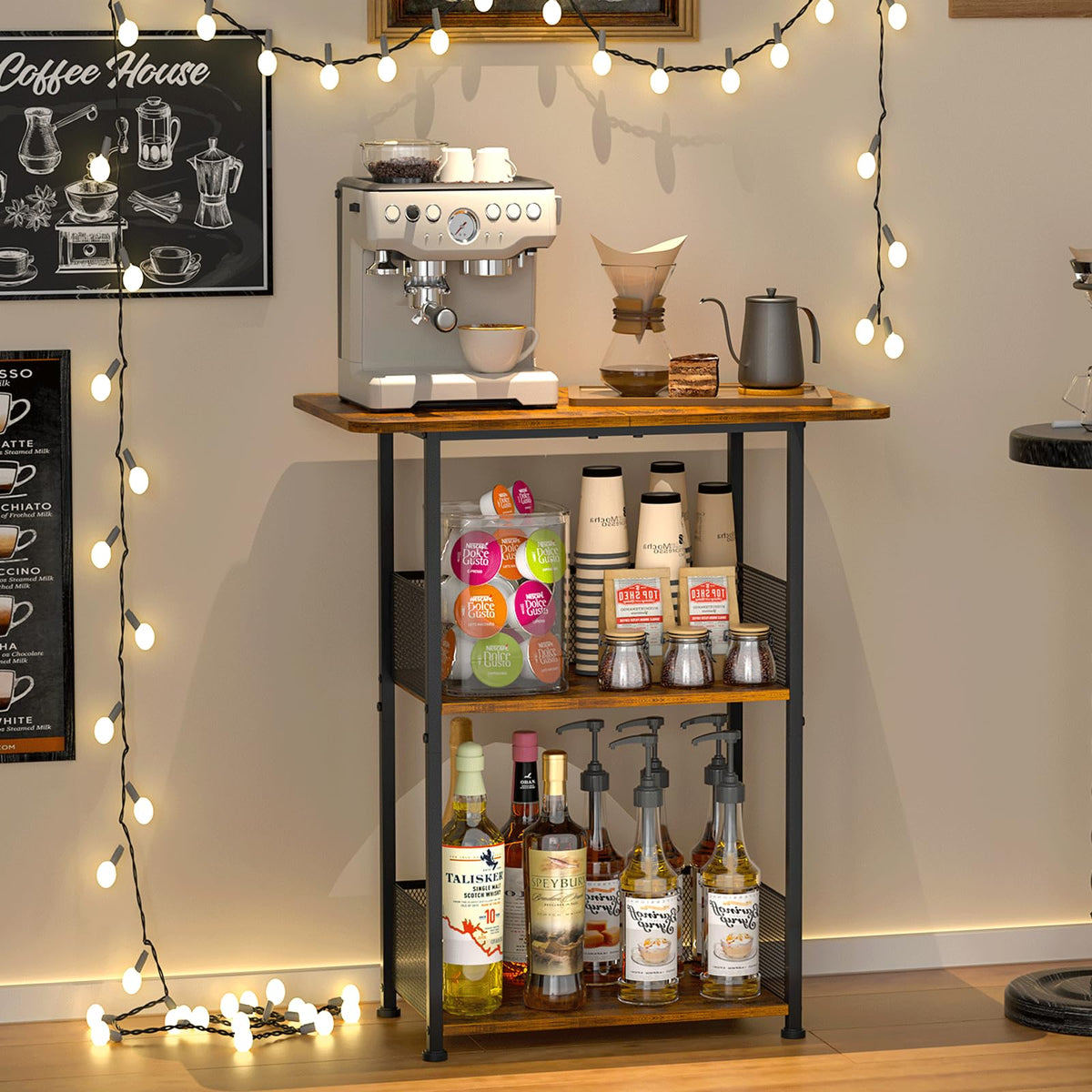 Jsskeeim Mini Floor Standing Coffee Bar Shelf,3-Tier Small Coffee Table,Corner Farmhouse Coffee Bar Cabinet;Dining Room, Living Room-Capsules,Coffee Maker(Brown+Black)