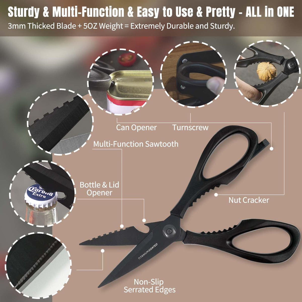SADOMAIN Kitchen Scissors All Purpose, Extra Sharp Kitchen Shears with Knife Sharpener & Sheath, Solid & Durable Stainless Steel Scissors with ANTI-RUST Black Titanium Plated, Dishwasher Safe - Black