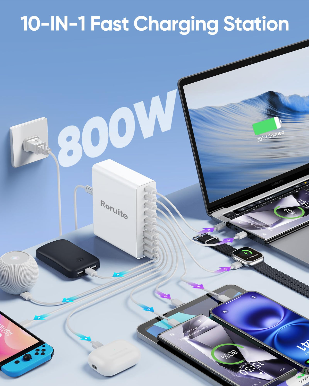 800W USB C Charging Station, 120W PD GaN5 Super Fast USB C Charger Block-10 Port, Type C Fast Charging Block for PC Laptop MacBook Pro/Air Charger Adapter with iPhone 17 16 15 14 Pro Max, iPad, Galaxy