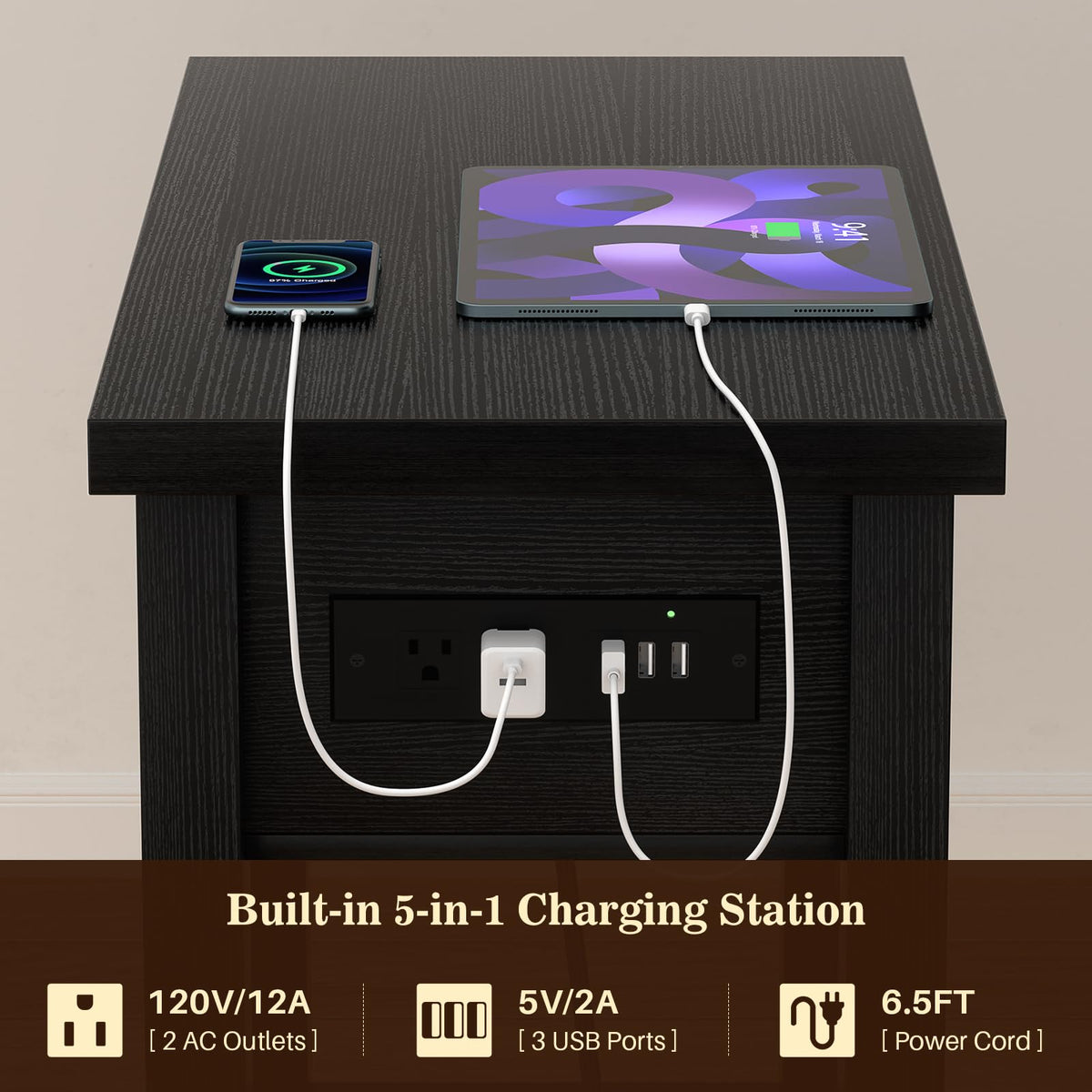 Armocity Narrow End Table with Charging Station - Farmhouse Side Table with Drawer, 14" Wide Wood Nightstand Slim Couch Bedside Table for Living Room Bedroom Small Spaces, Black