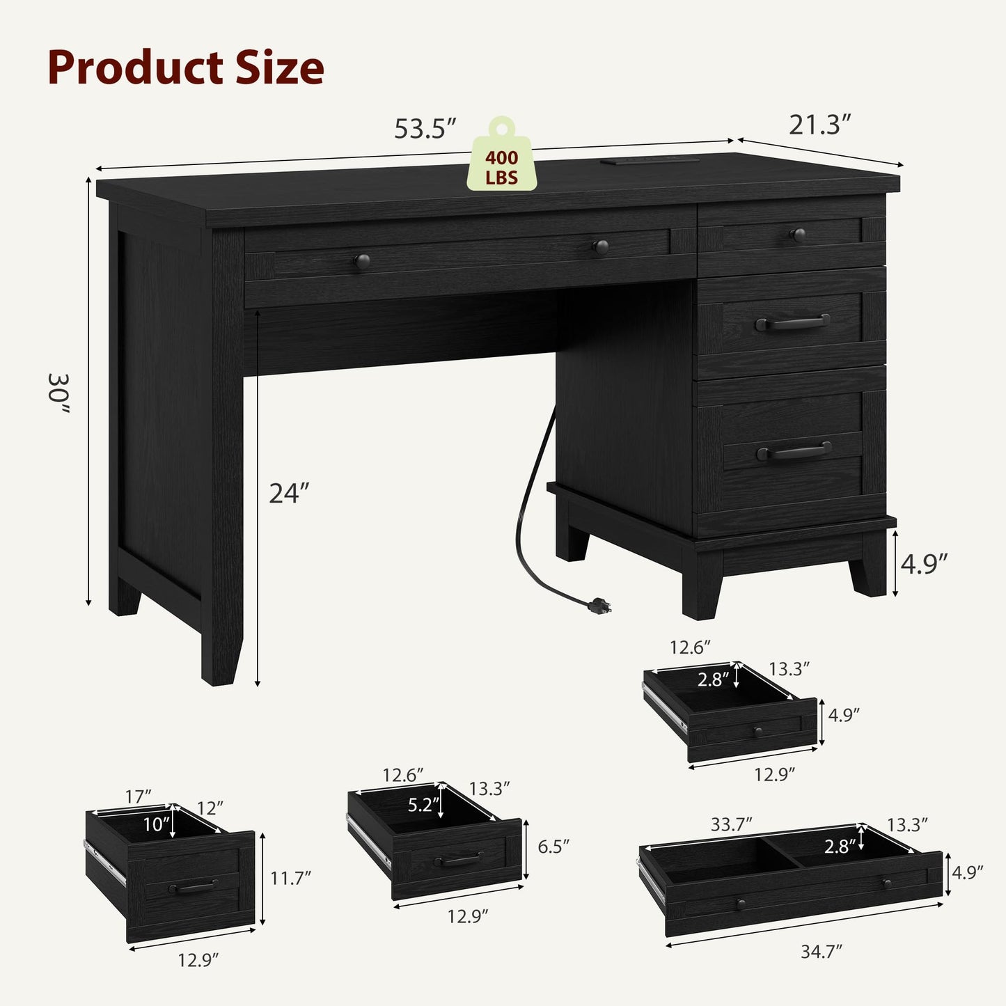 Garvee 53.5" Wooden Home Office Desk with File Drawers, Executive Desk with Power Outlet, Farmhouse Wood Desk with Storage, Distressed Study and Work Table, Rustic Black