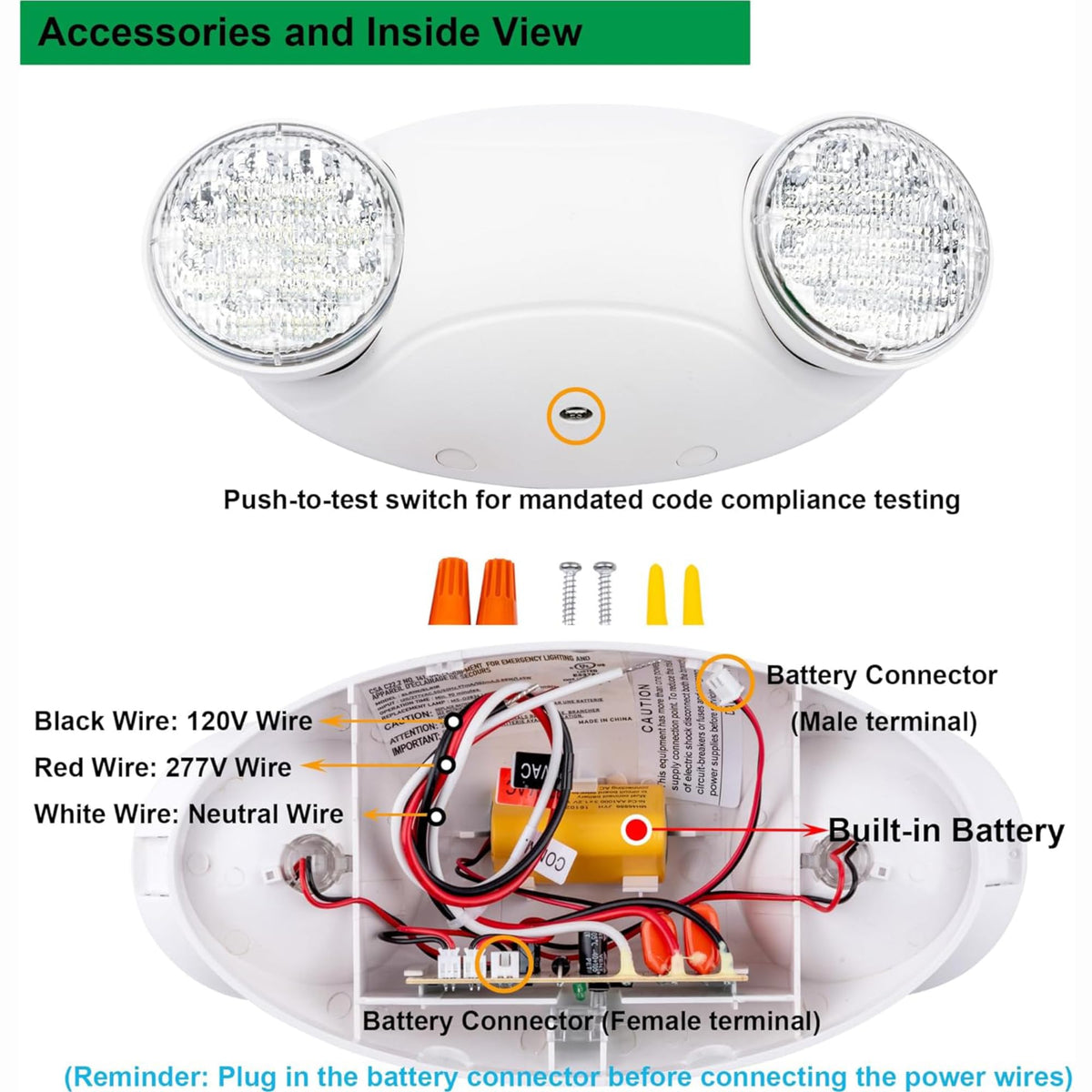 LIT-PaTH LED Emergency Lighting Fixtures with 2 LED Bug Eye Heads and Back Up Batteries- US Standard Exit Light, UL 924 and CEC Qualified, 120/277 Voltage, White, 1-Pack