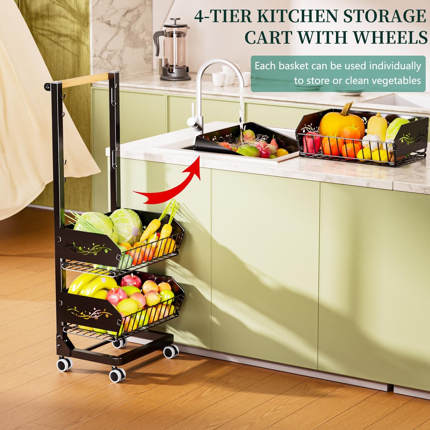 ANJUBAN Heavy 4-Tier Snack Cart with Wheels ，Removable Rolling Pantry Floor Organizers ，Upgraded Wider and Thicker, Kitchen Fruit Basket Stand and Storage Rack for Fruit Snack Onion Potato