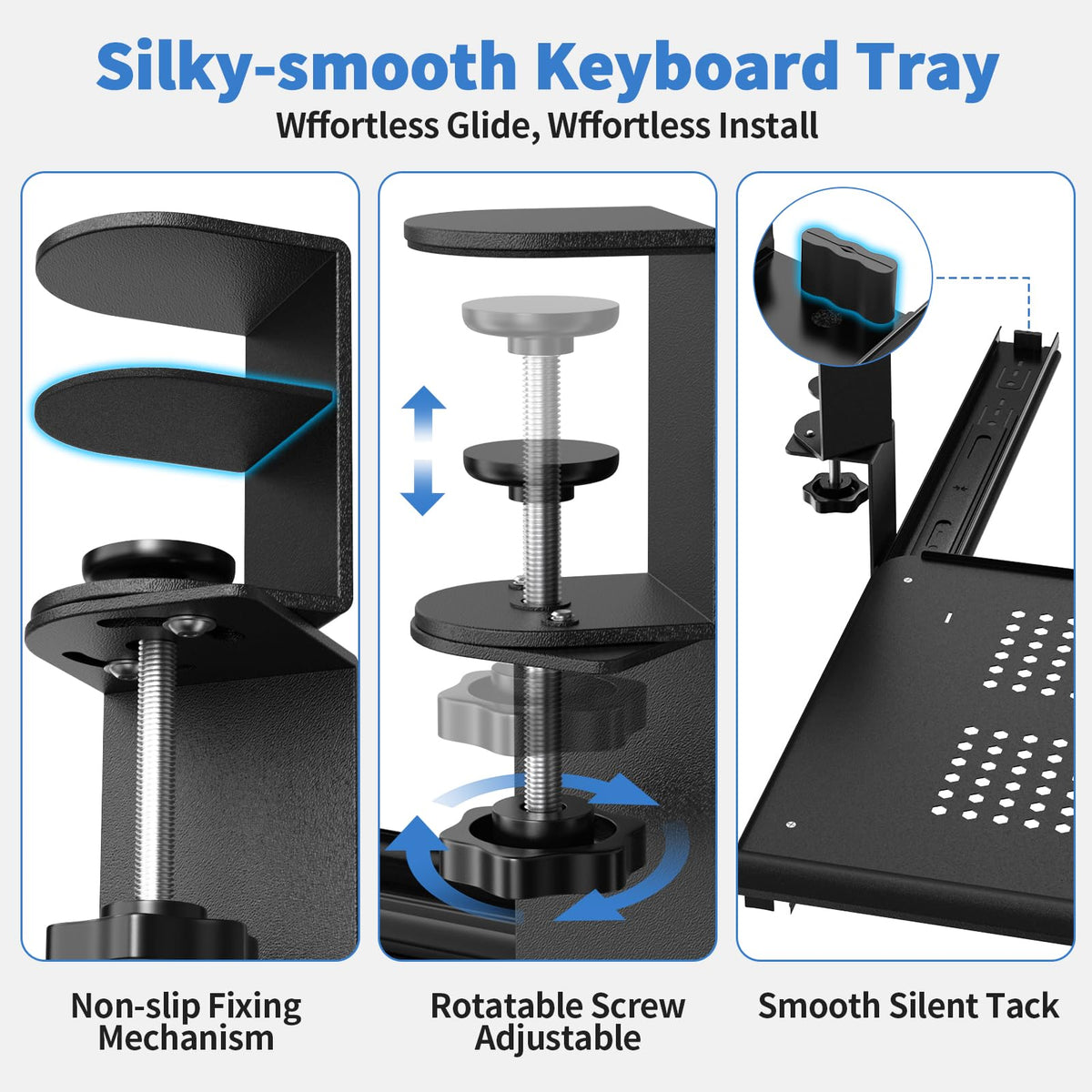 Strifuture Keyboard Tray Under Desk - Full Metal Slide Out Holder, Rust-Resistant & Scratch-Proof, Double C-Clamps, 26x13" Tray for L Shape/Regular Desks, Standing/Sitting Workstation(Black-B)