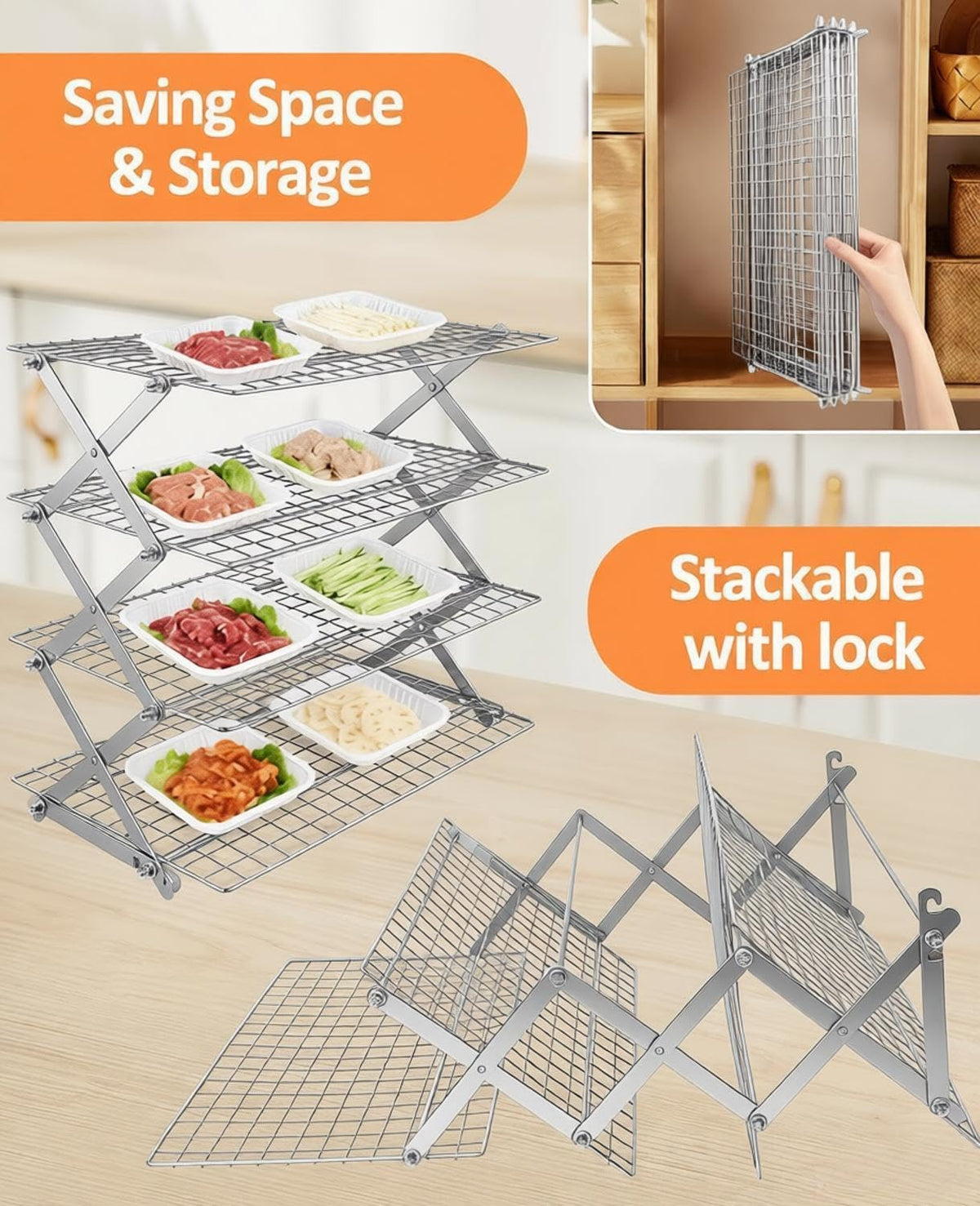 4 Tier Collapsible Cooling Rack, 2/3/4-Tier Upgraded,Adjustable ＆ Stackable Baking Rack, 5 Modes Cooling Racks for Cooking and Baking, Roasting ＆ Grilling Gifts for Picnic Party