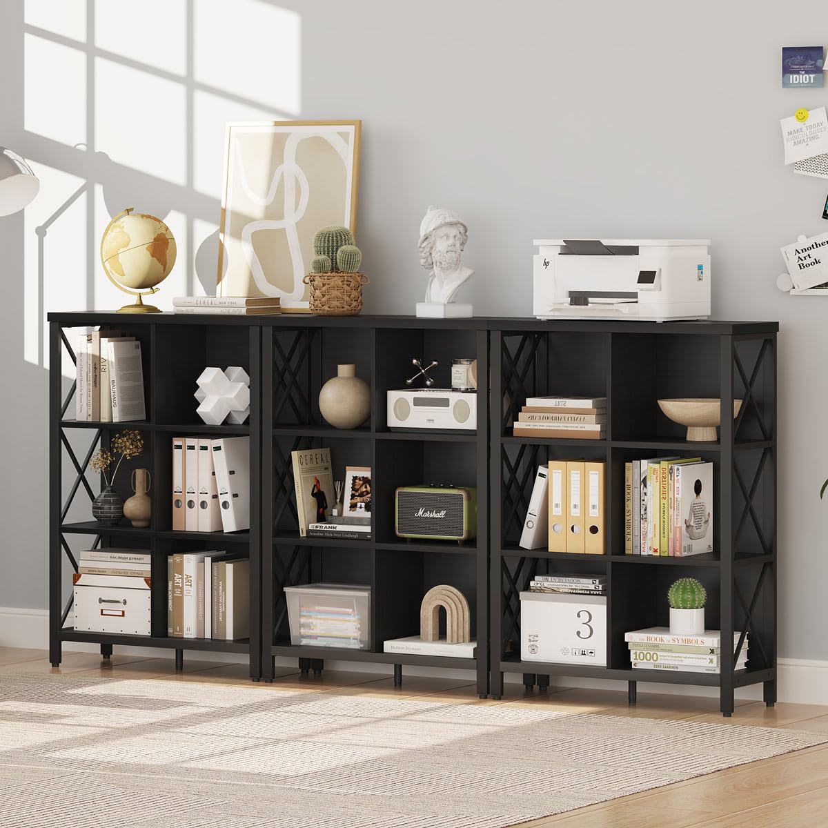FATORRI 6 Cube Storage Organizer with Storage, Modern 4-Tier Bookshelf with X-Shaped Metal Frame, Black Wood Bookcase for Living Room, Home Office, Bedroom, Easy Assembly