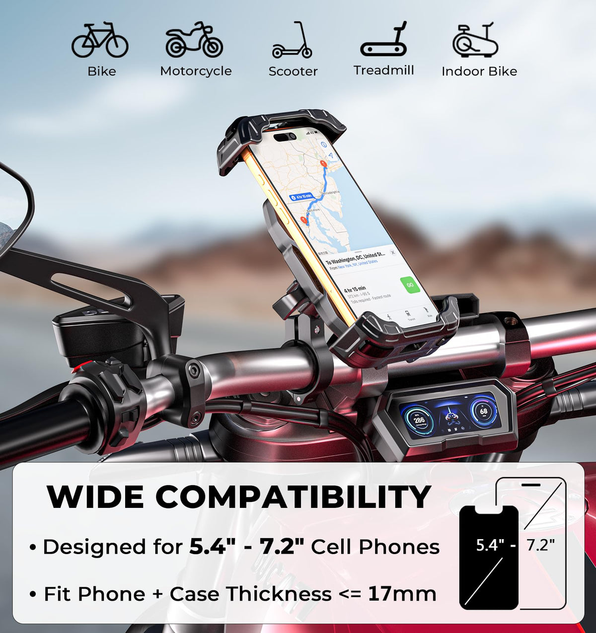VAZESWIN Motorcycle Phone Mount [Secure Lock] One-Handed Operation Motorcycle Cellphone Holder, Bicycle Scooter Handlebar Clamp, Bike Phone Mount with Aluminum Alloy Base Fit for 5.4"-7.2" Smartphone