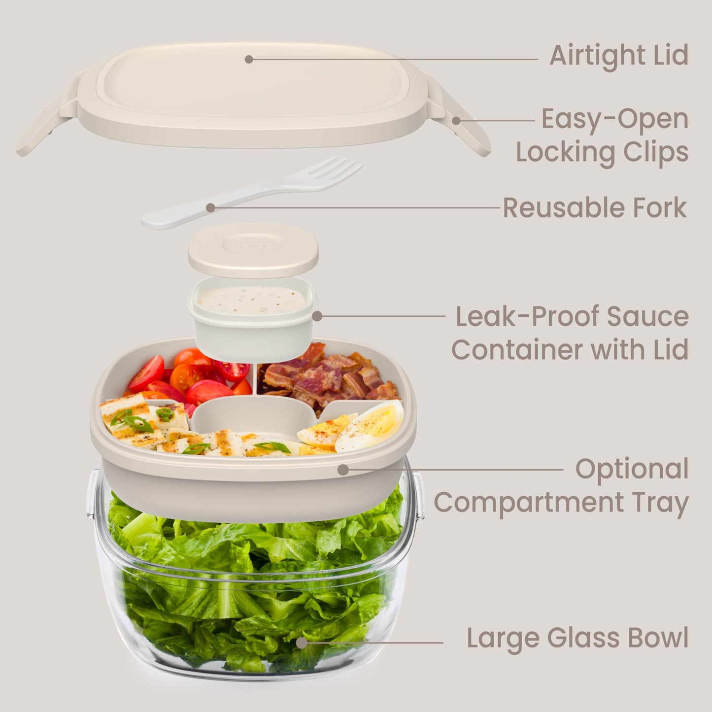 Bentgo Glass Salad Container - 7.6-Cup Salad Bowl with Airtight Lid, Leak-Proof Sauce Container, 4-Compartment Bento Tray & Reusable Fork - BPA-Free for Meal Prep, Office & More (White Stone Tan)