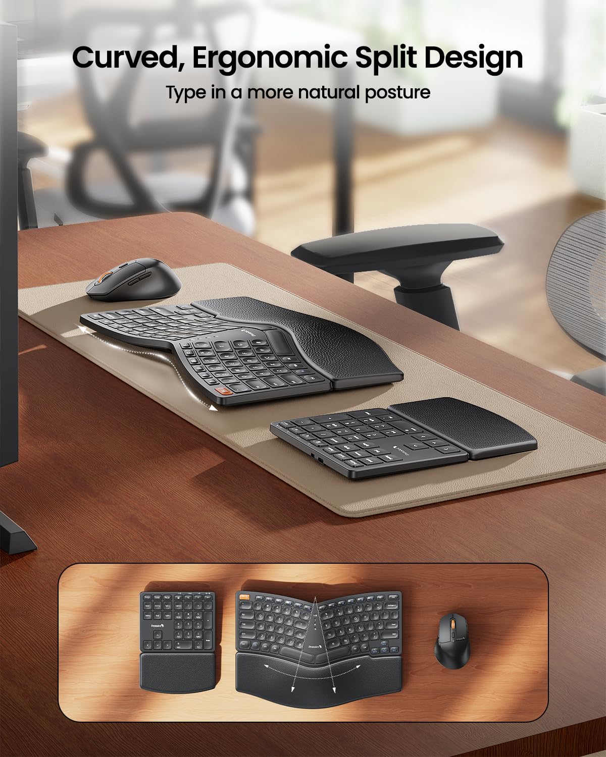 ProtoArc Ergonomic Keyboard Mouse, EKM04 2.4GHz USB Wireless Ergo Keyboard Mouse Combo with Separate Numeric Keypad, Split Design, Hard Wrist Rest, Rechargeable, for Windows Desktop/PC/Laptop