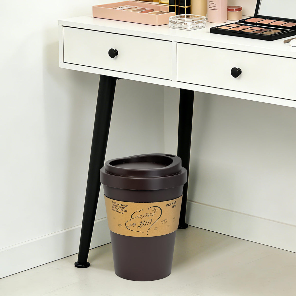 Soddeph 3.4 Gallon Large Trash Can with Swing Lid, Plastic Waste Bin with Lid, Garbage Can for Kitchen, Bathroom, Office，9.3″ × 6.5″ × 13.2″ (Brown)