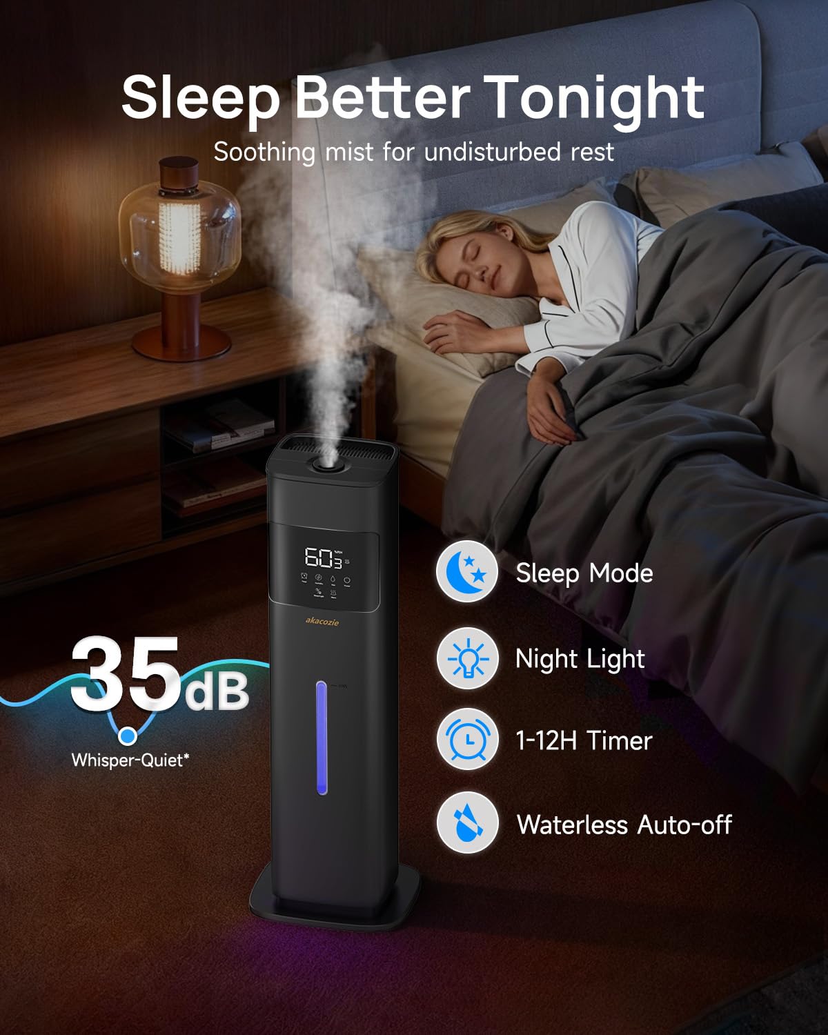 Akacozie Warm & Cool Mist Humidifiers for Bedroom 500 sq ft, 2.1Gal/8L Humidifier Large Room with Essential Oil Diffuser, Top-Fill Large Room Humidifiers for Home Baby Nursery Plants Office