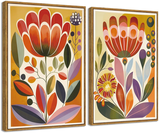 Framed 2pcs Scandinavian Folk Wall Art Nodic Flower Orange Canvas Large Boho Wall Decor Swedish Antique Vintage Floral Prints Modern Norwegian Posters Pictures for Living Room Bedroom Home Decor 36"x24"x2