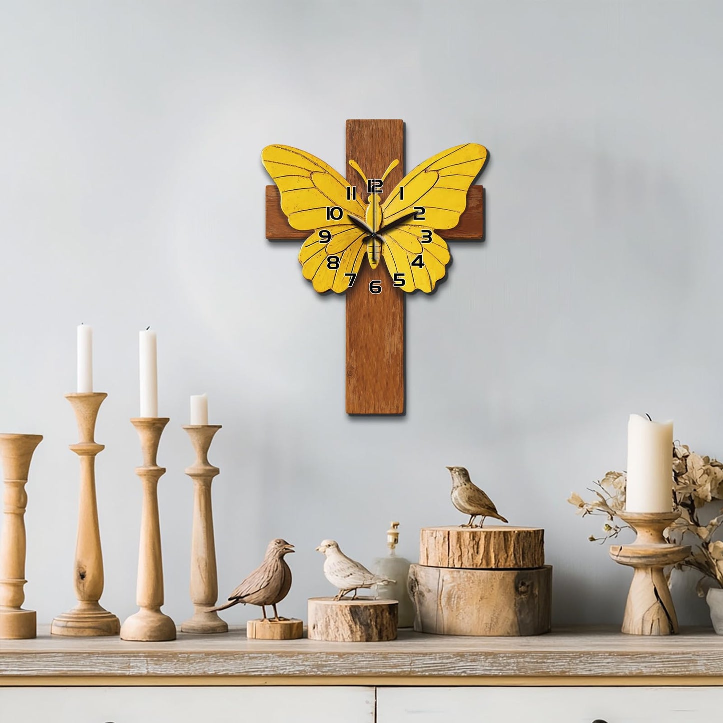 CONCHLERY Cross Wall Clock Irregular Shape Decorative Wall Clock Butterfly Non-Ticking Clock for Home Office Decoration, 16.14×12.63 inch