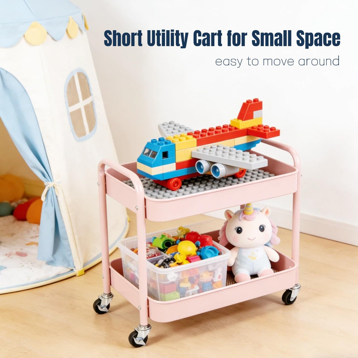 LIWNYRK 2 Tier Pink Rolling Cart with Wheels for Under Desk Storage, Large Capacity Rolling Pantry & Kitchen Storage Cart for Small Space, Sturdy Metal Bathroom Shelf Laundry Room Organization