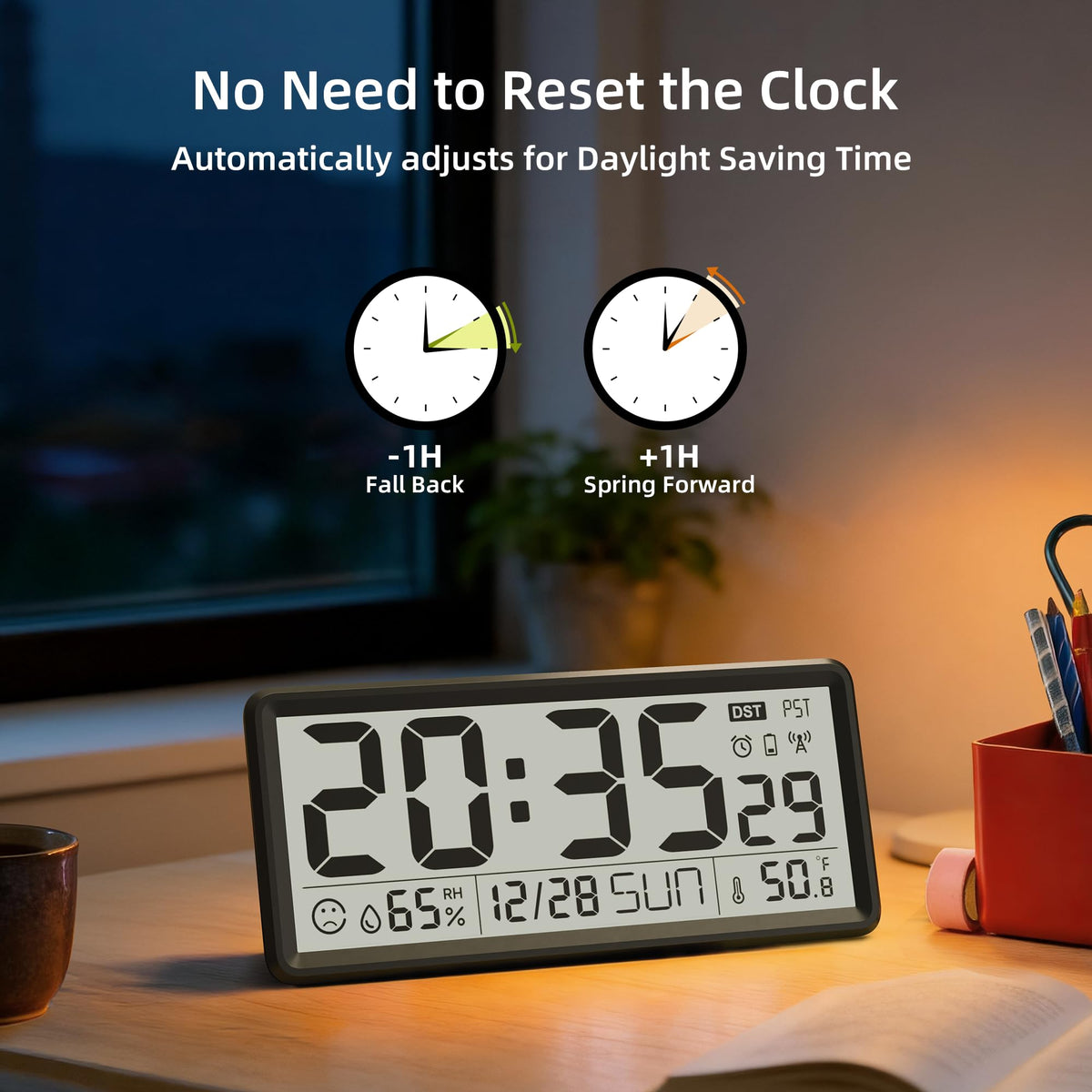 EASYERA 15'' Large Digital Wall Clock Battery Operated, Atomic Clock with Indoor Temperature and Humidity, Self-Setting with Auto DST, for Kitchen, Classroom, Living Room (Batteries Not Included)
