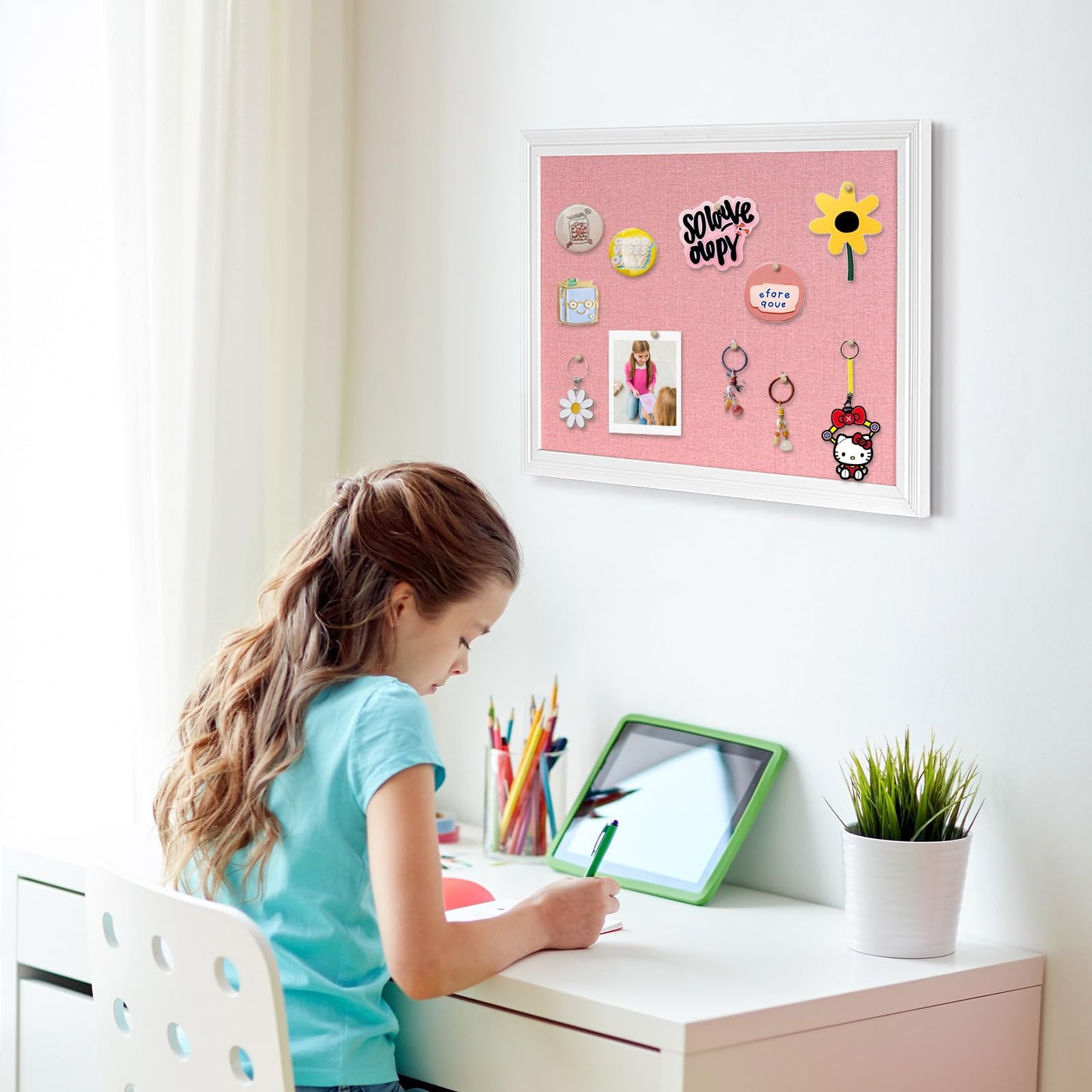 AMUSIGHT Large Pink Cork Board with Linen, 24" x 18" Hanging Wood Framed Bulletin Board, Picture Display Vision Board Corkboards for Wall Room School Office Decor, 10 Pushpins, 1 Pack