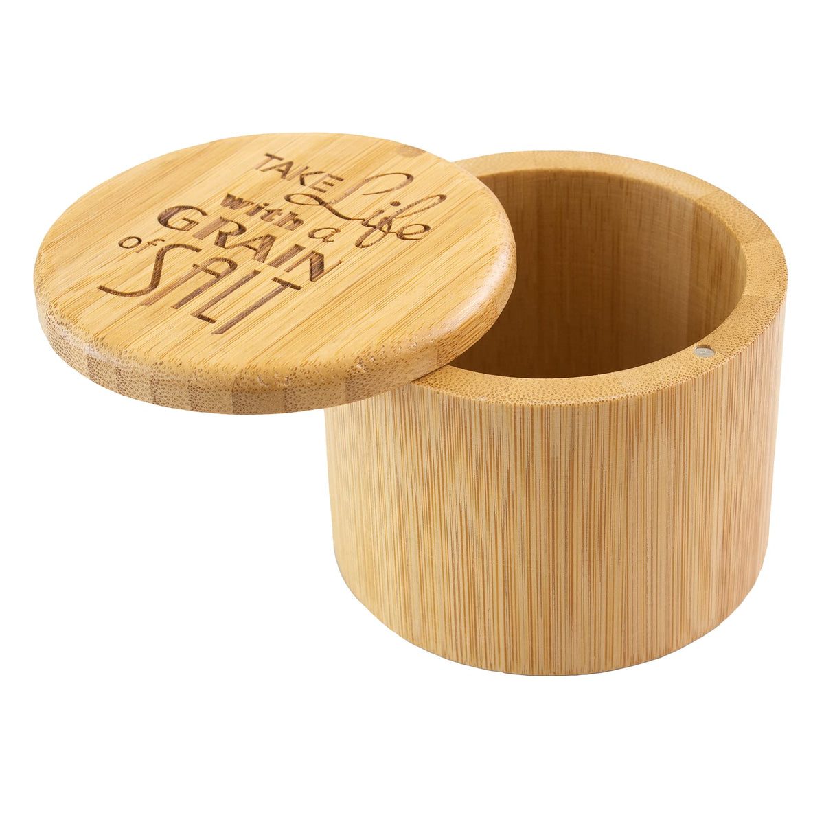 Totally Bamboo Salt Cellar Bamboo Storage Box with Magnetic Swivel Lid, 6 Ounce Capacity, "Take Life with a Grain of Salt" Engraved on Lid