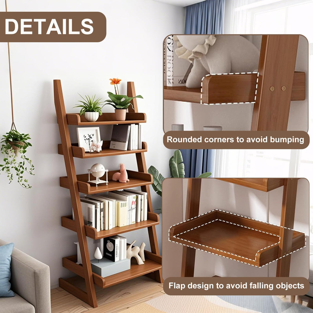 BFECGDXT Ladder Shelf Bookcase, 5 Tier Walnut Wooden Ladder Bookshelf, Space-Saving Freestanding Storage Rack for Living Room, Home Office and Bedroom, 55.1" H