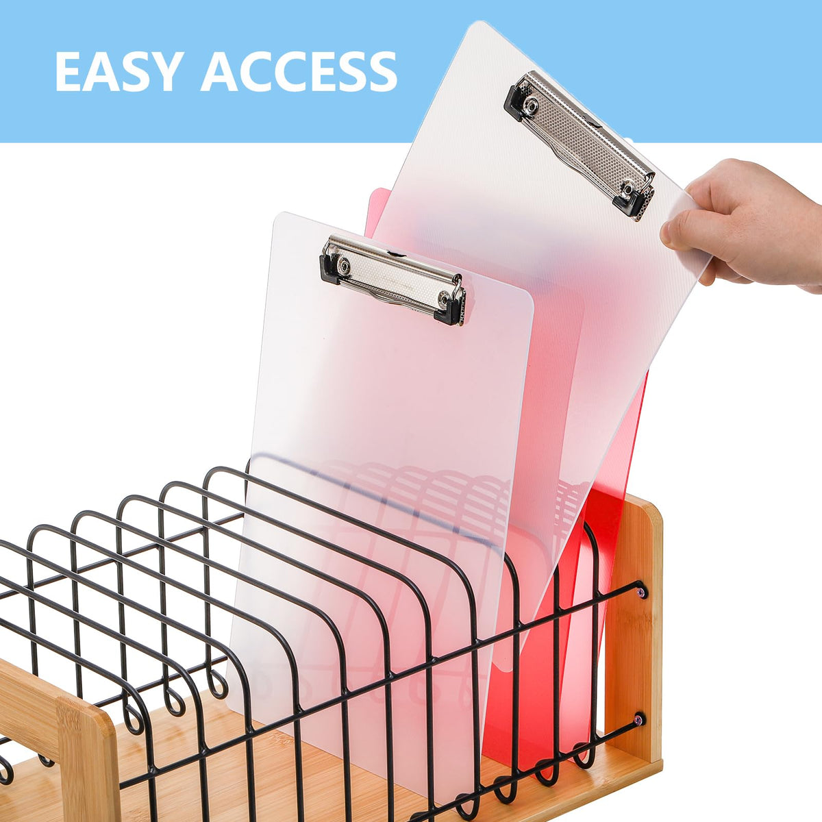 Youeon Vertical Clipboard Holder, 12 Slot Bamboo and Metal Clipboard Stand, Desk File Organizer Storage Rack for Home, Office, Classroom, No Assembly Required