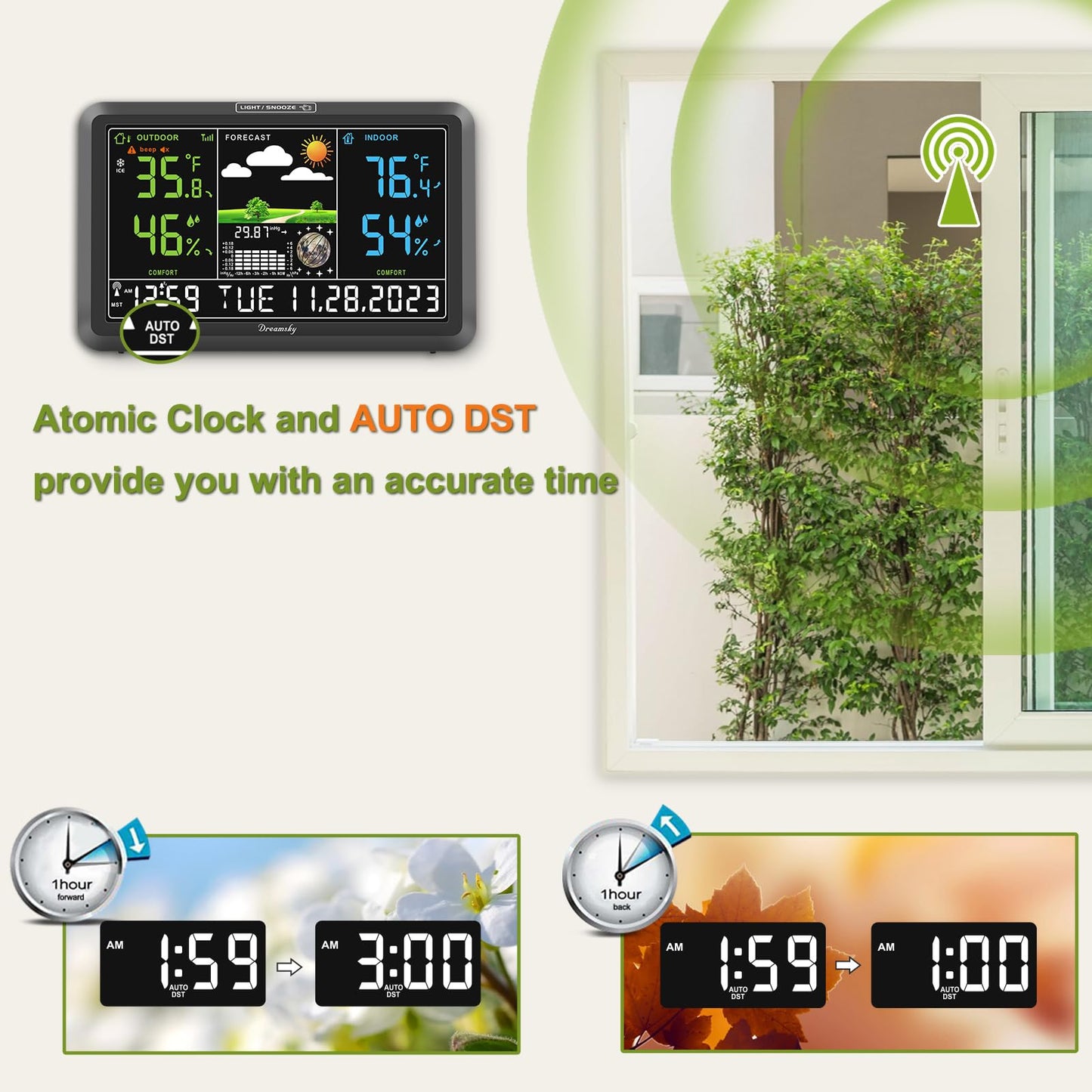 DreamSky Weather Station Indoor Outdoor Thermometer Wireless with Digital Atomic Clock for Home, Large Display with Dimmer, USB Port, Inside Outside Temperature Humidity Monitor (Plug-in)