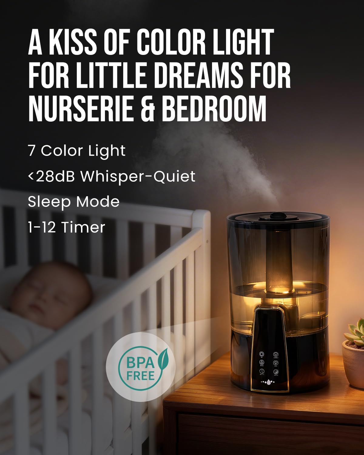 YOKEKON Humidifiers for Bedroom,1.06Gal(4L) Dishwasher Safe Design Easy to Clean,Top Fill,Night Light,Aroma Diffuser,Humidity Control,12H Timer,Sleep Mode,3 Level Mist,360° Nozzle,Home,Nursery,Black