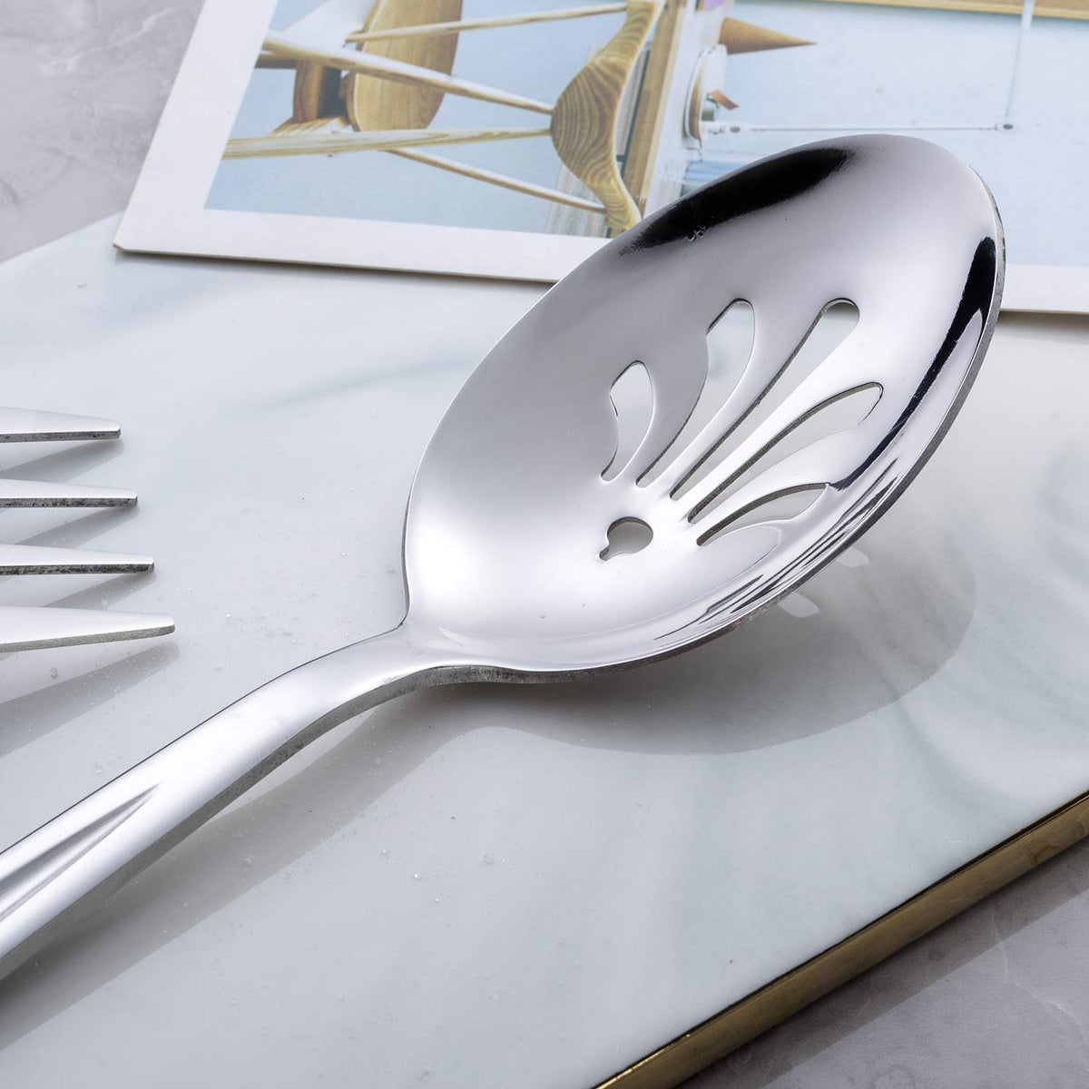 GoGeiLi Stainless Steel Serving Set, 3 Large Spoons and 3 Slotted Spoons, 9.5-inch Catering Set for Party, Banquet, Buffet, Dishwasher Safe