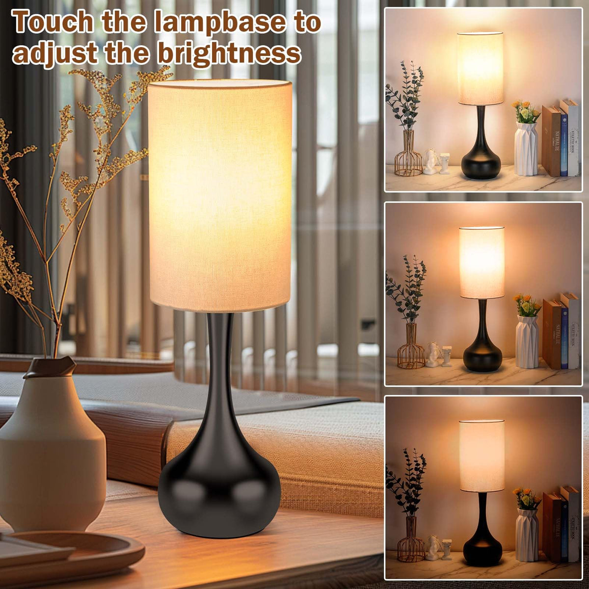 LEDIKON Mid Century Modern Droplet Table Lamp,Touch Control & 3-Way Dimmable,No Assembly Required Cylinder Shade,Black Vintage Farmhouse Bedside Lamp for Bedroom,Nightstand,Living Room,Office