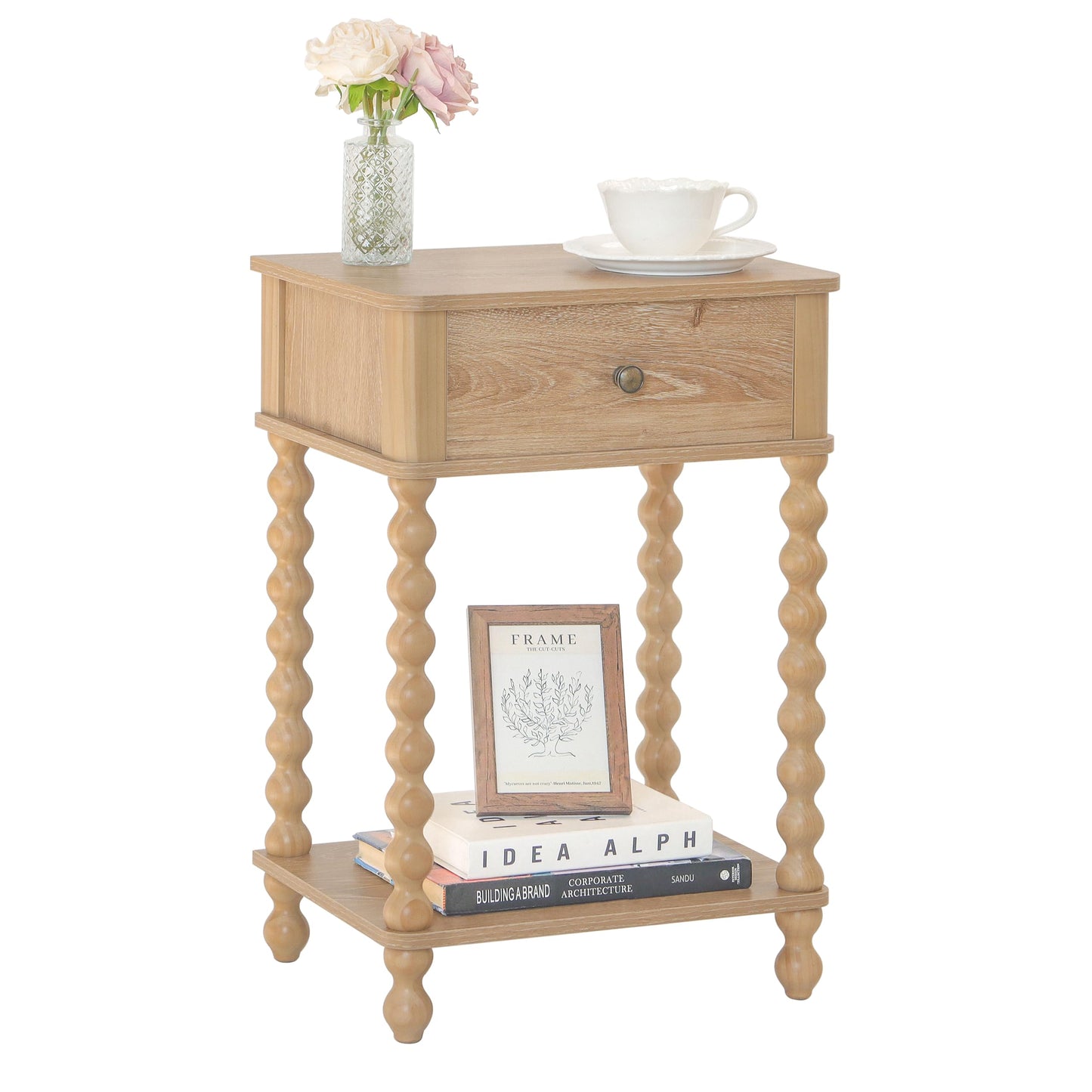 AWASEN Night Stand, Wood End Table with Drawer for Living Room, Small Bedside Side Table with Spindle Wood Legs for Bedroom, Office, Rustic Walnut