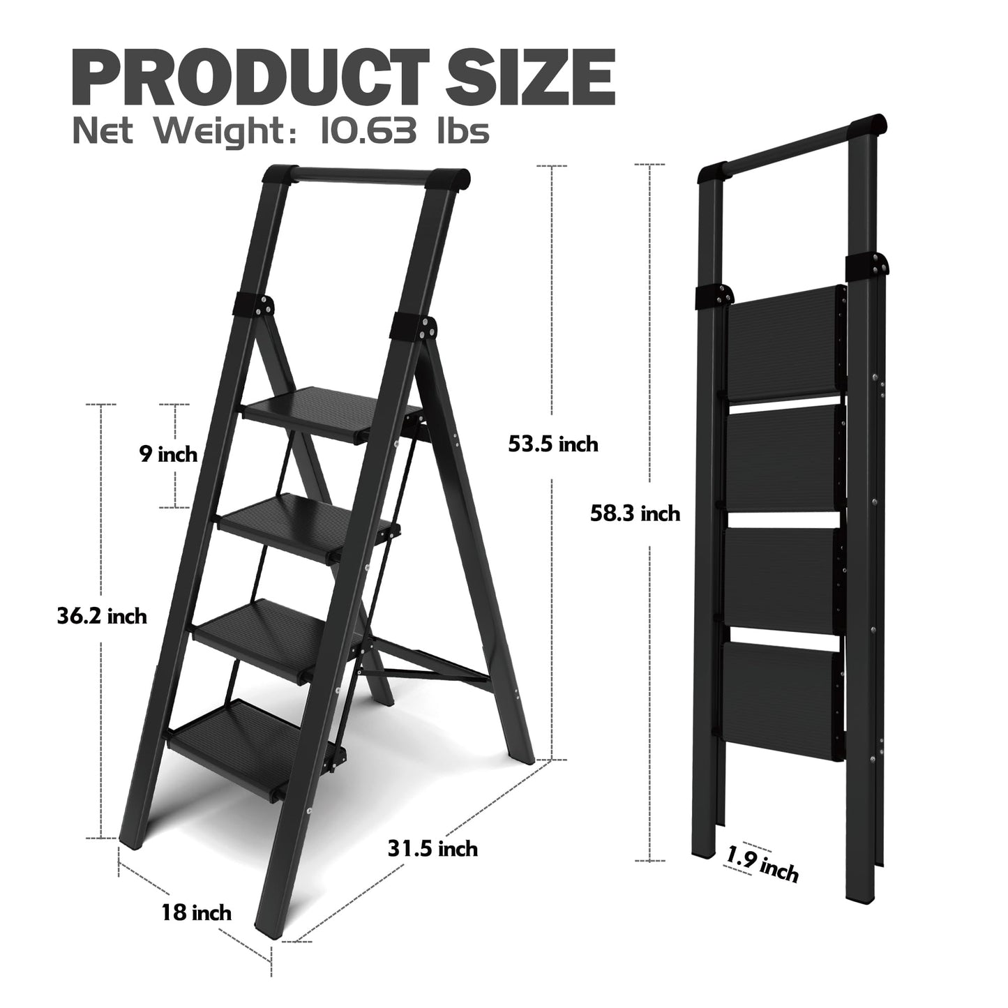 Taranta 4 Step Ladder,Liahtweight Aluminum Laddewith Handgrip, Portable Folding Stepladder with Anti-SlipPedalfor Home, Ofice, Kitchen 330lbs - Black