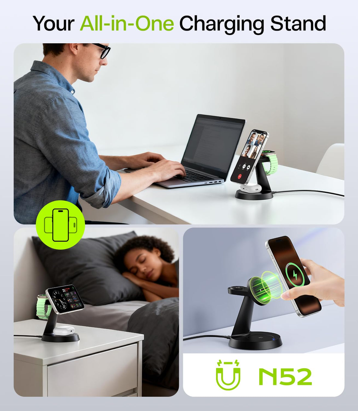 3 in 1 Charging Station for Apple Devices, 15W Fast Wireless Charger Compatible with MagSafe Charging Stand for iPhone 17 16 15 14 13 12 Series, Watch Charger Stand for Apple Watches & Airpods