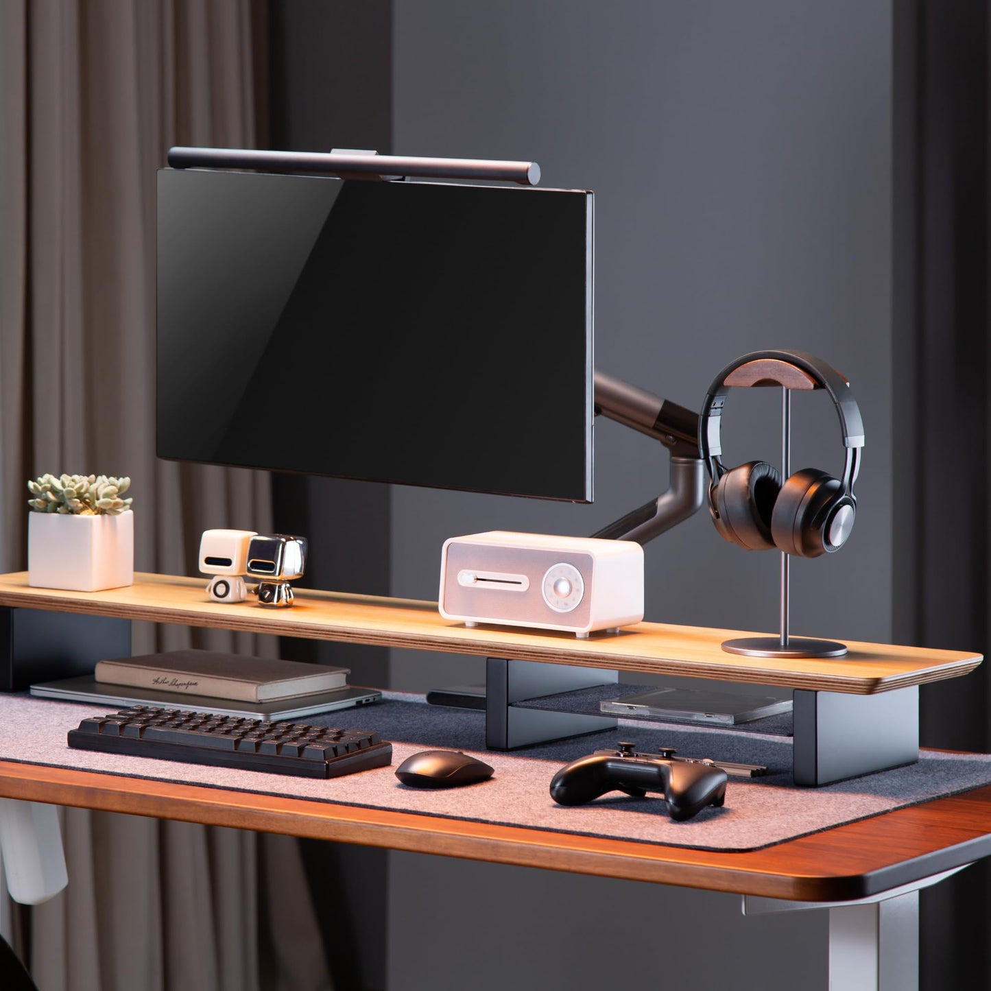 IVE Design White Oak Wood Desk Shelf for Top of Desk 44 Inch Length Wood Monitor Riser with Middle Shelf