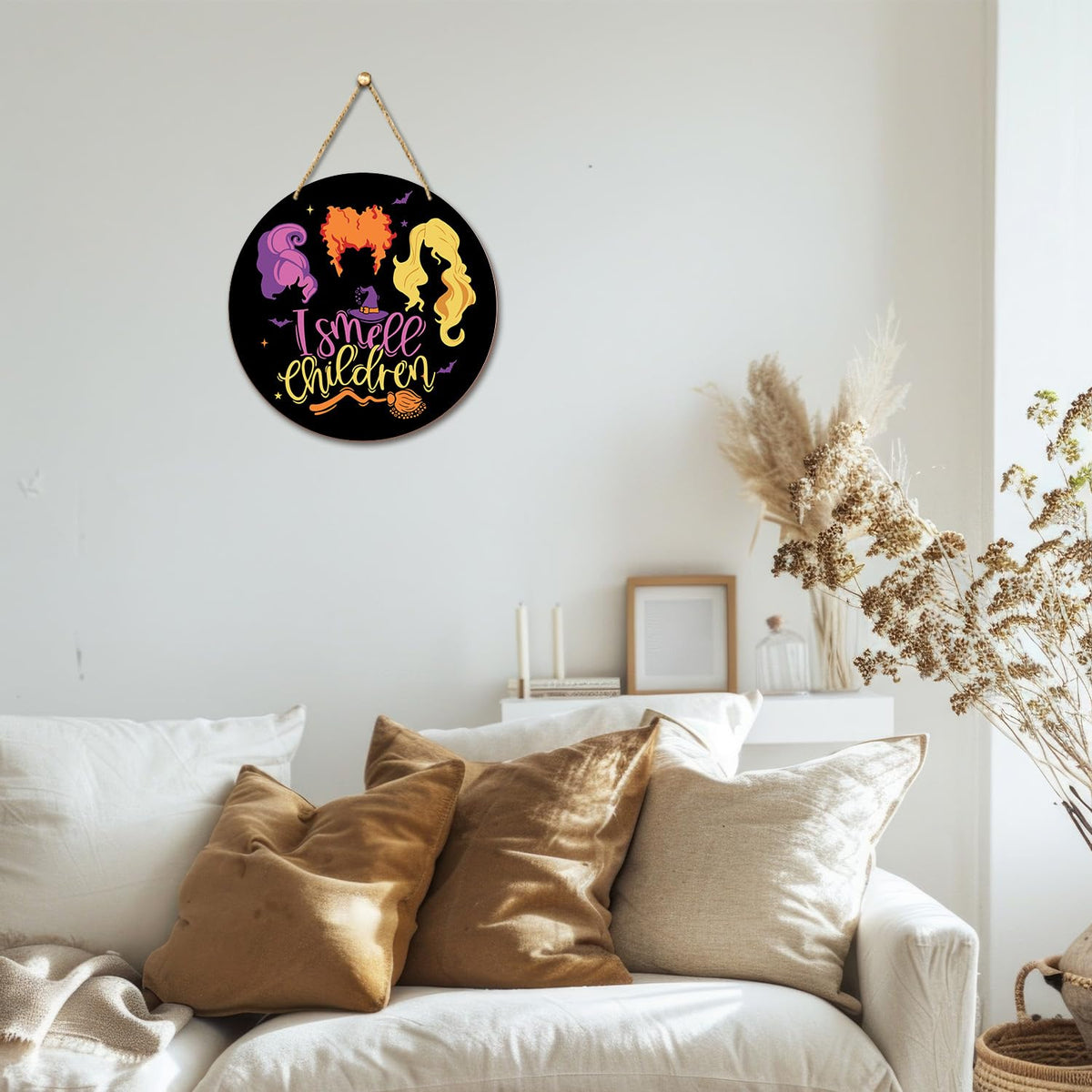Witches Halloween Decorations For Home - I Smell Children, Welcome Sign for Front Door, Home Outside Inside Decor Wood Sign, Haunted House Halloween Party Wall Door Wreath/04